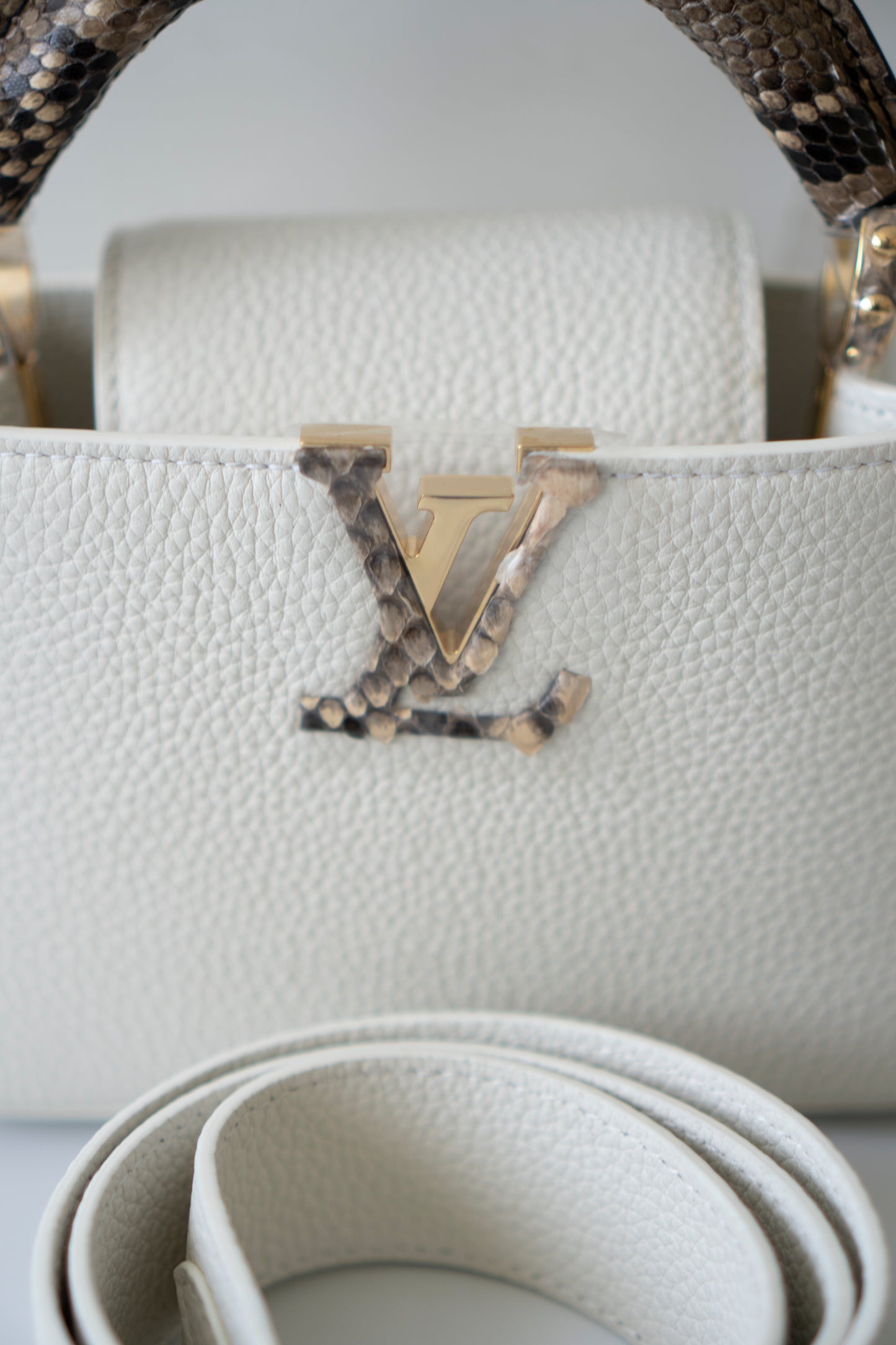 Capucines Mini – White Taurillon with Snakeskin Handle