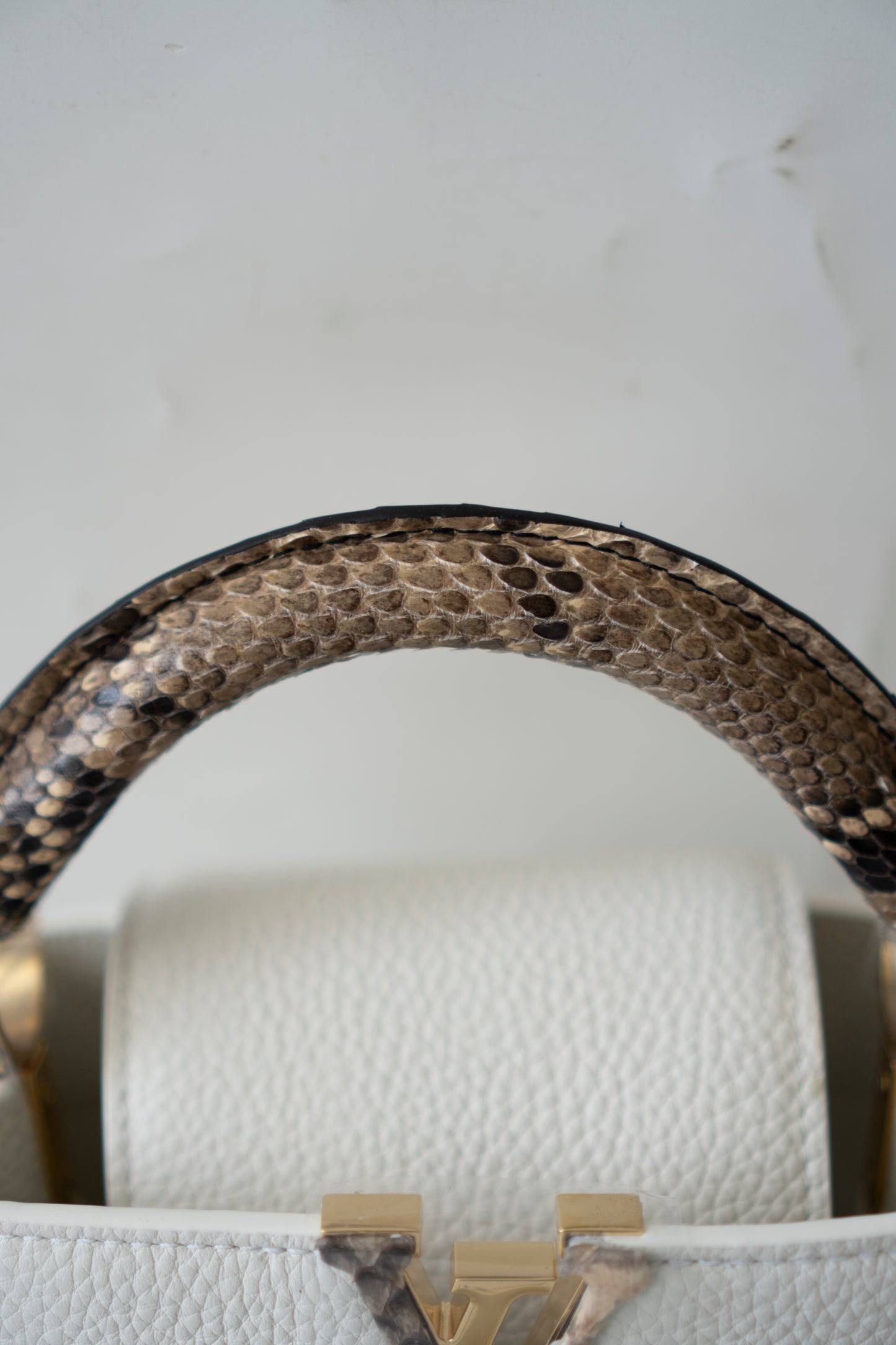 Capucines Mini – White Taurillon with Snakeskin Handle