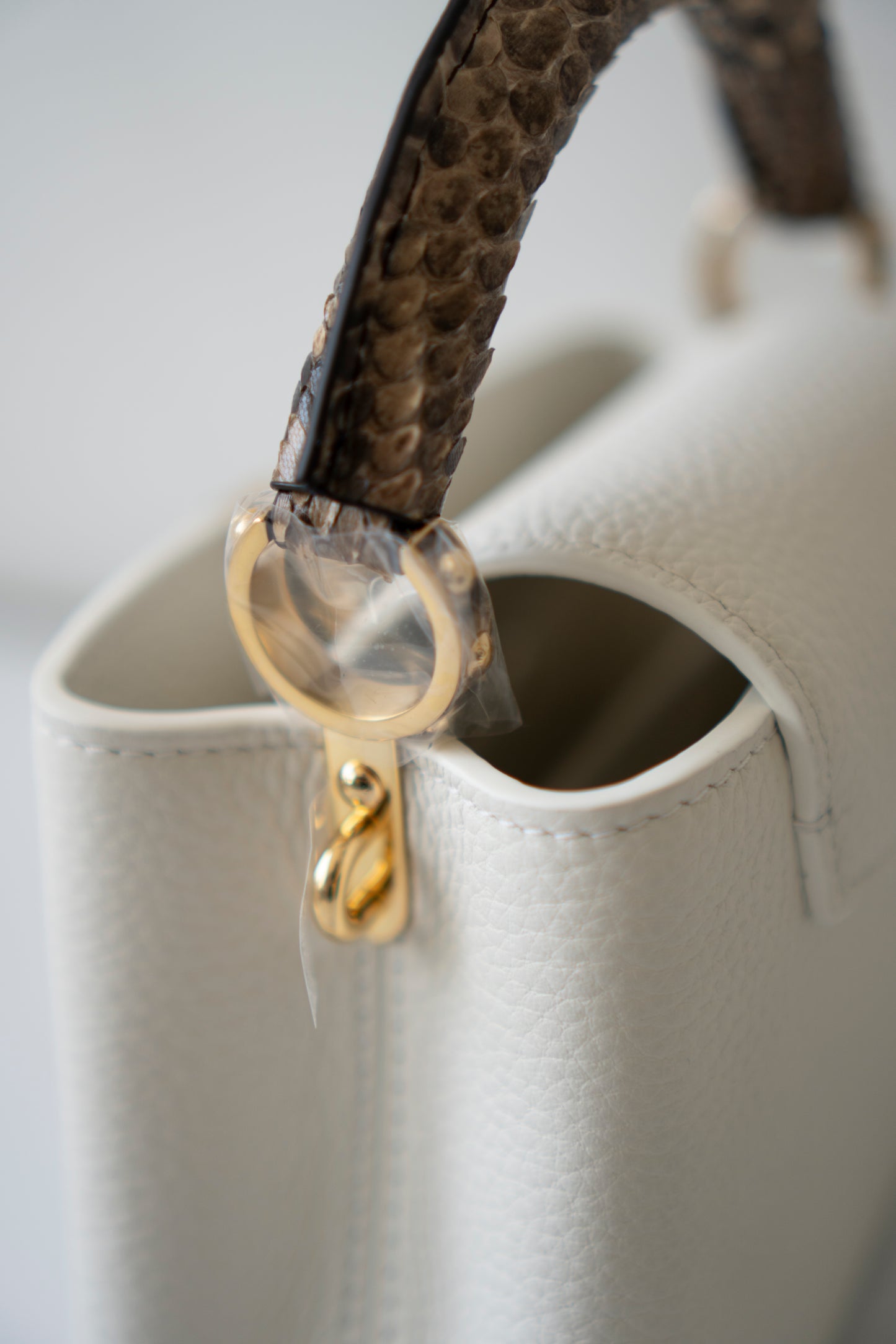 Capucines Mini – White Taurillon with Snakeskin Handle