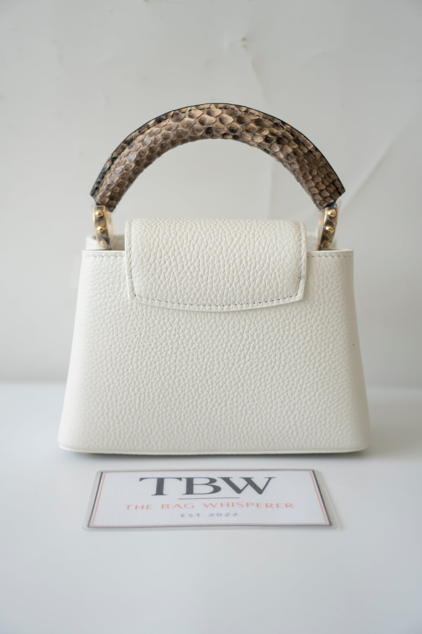 Capucines Mini – White Taurillon with Snakeskin Handle