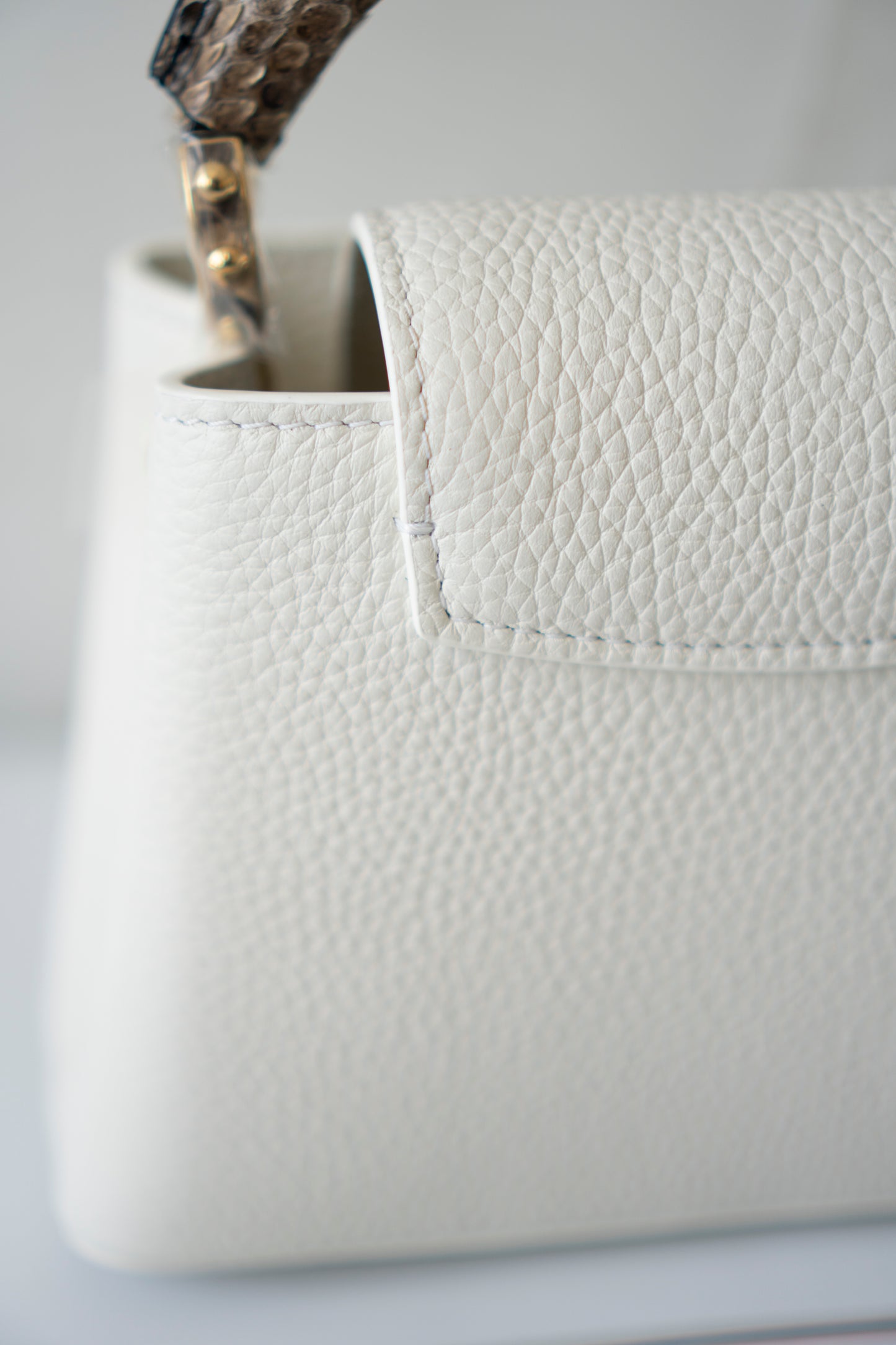 Capucines Mini – White Taurillon with Snakeskin Handle