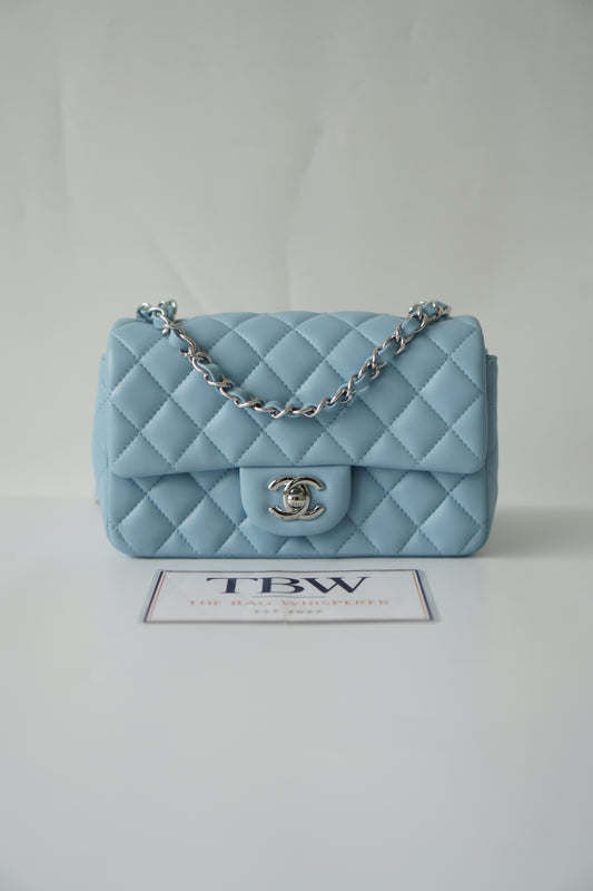Classic Mini Rectangle Flap – Light Blue Lambskin with Silver Hardware
