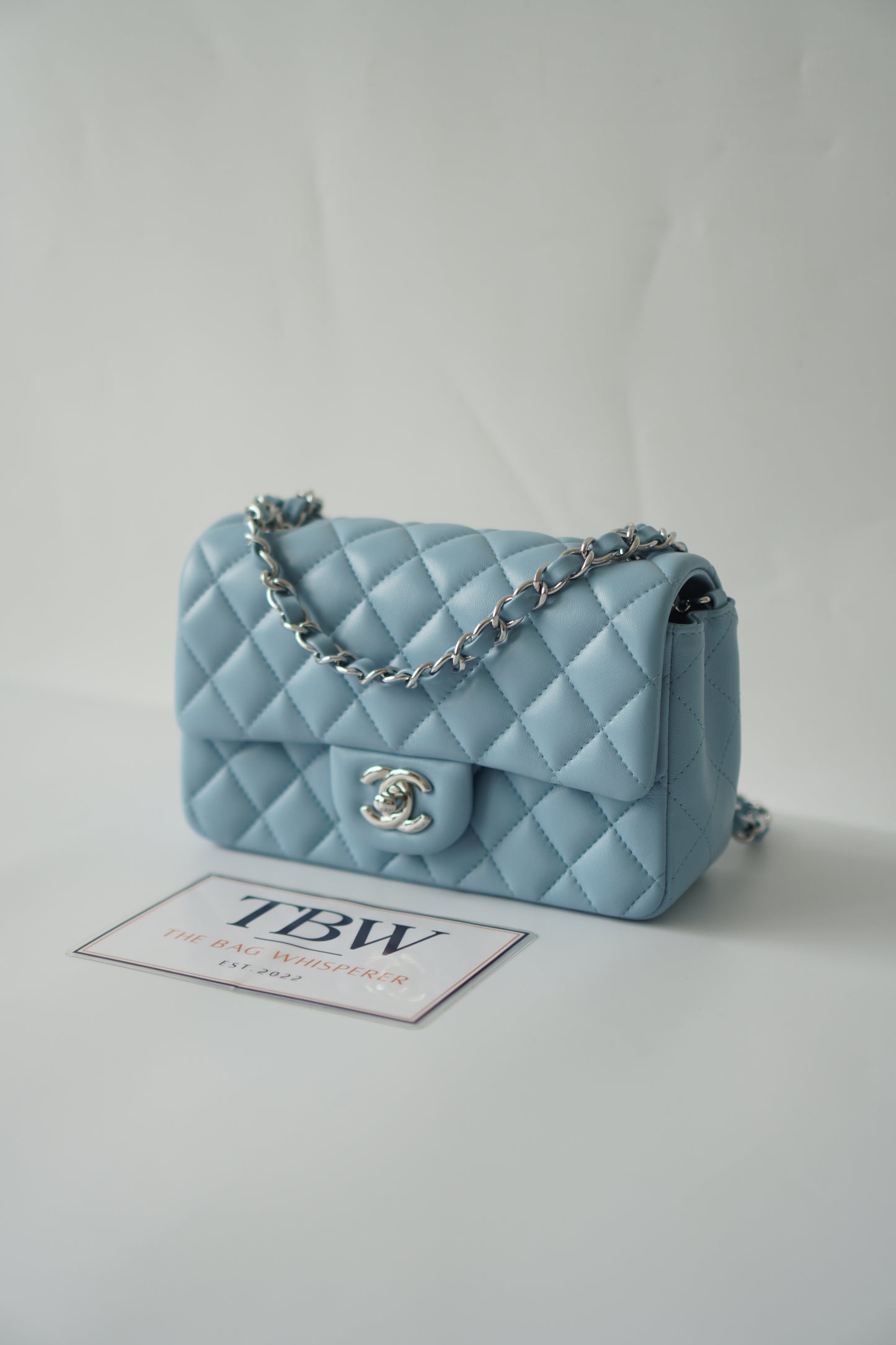 Classic Mini Rectangle Flap – Light Blue Lambskin with Silver Hardware