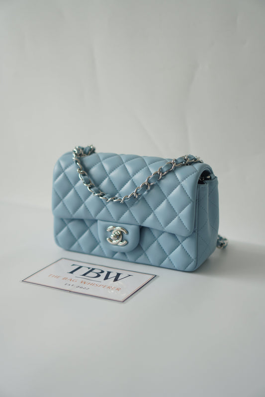 Classic Mini Rectangle Flap – Light Blue Lambskin with Silver Hardware