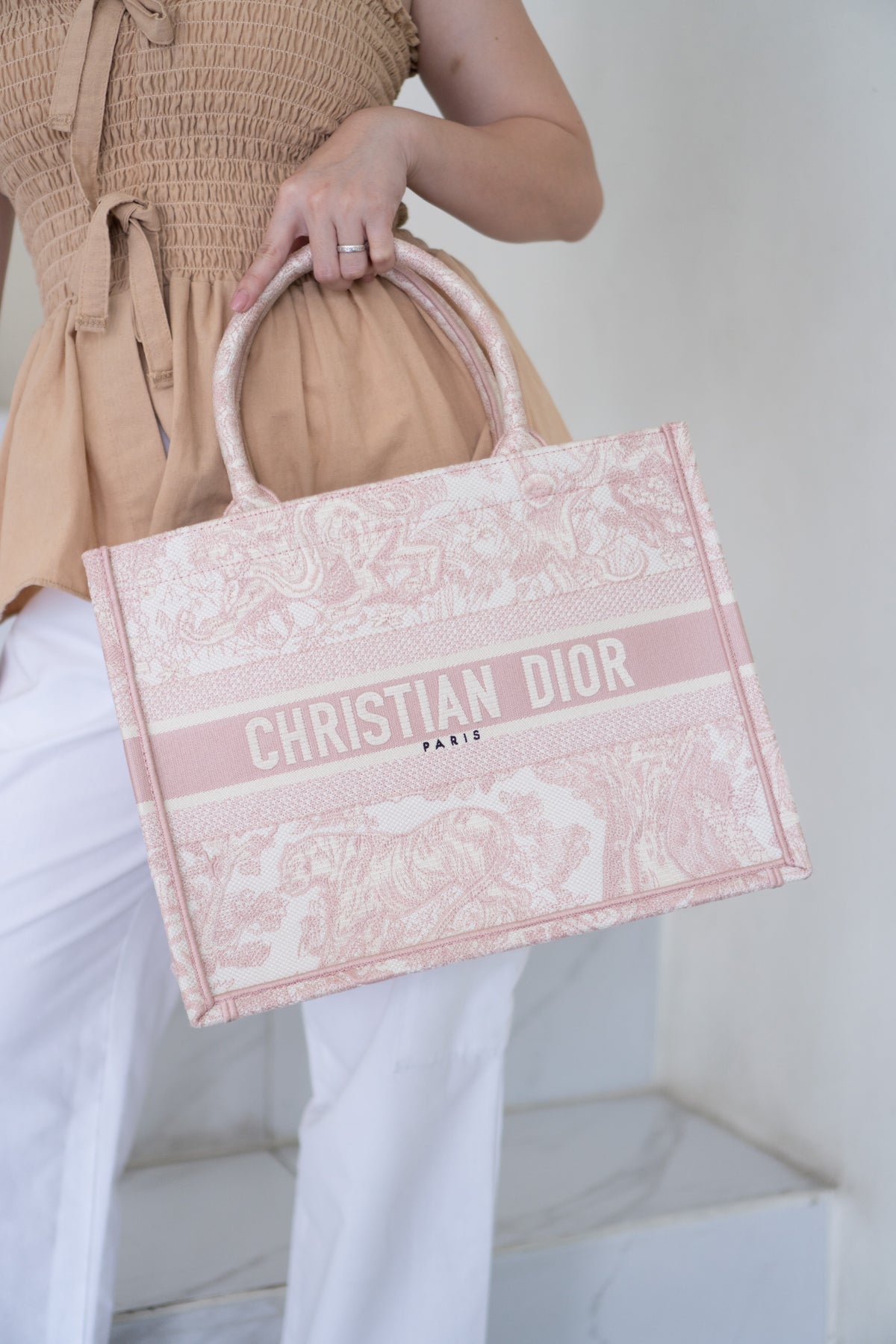 Medium Book Tote – Pink Toile de Jouy Embroidery