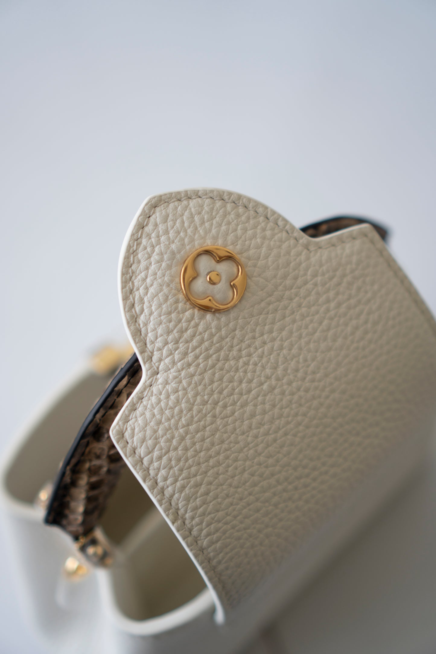 Capucines Mini – White Taurillon with Snakeskin Handle