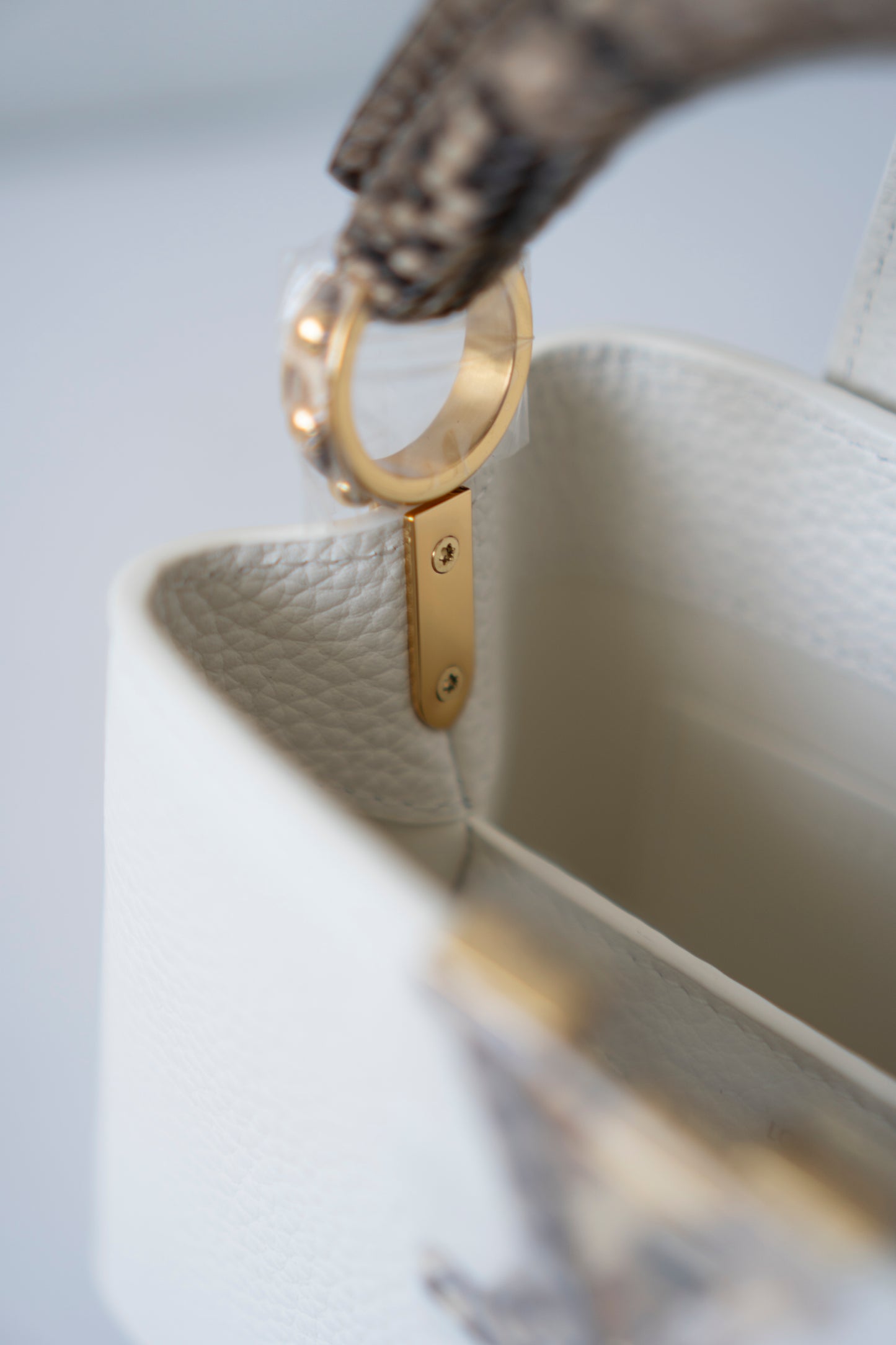 Capucines Mini – White Taurillon with Snakeskin Handle
