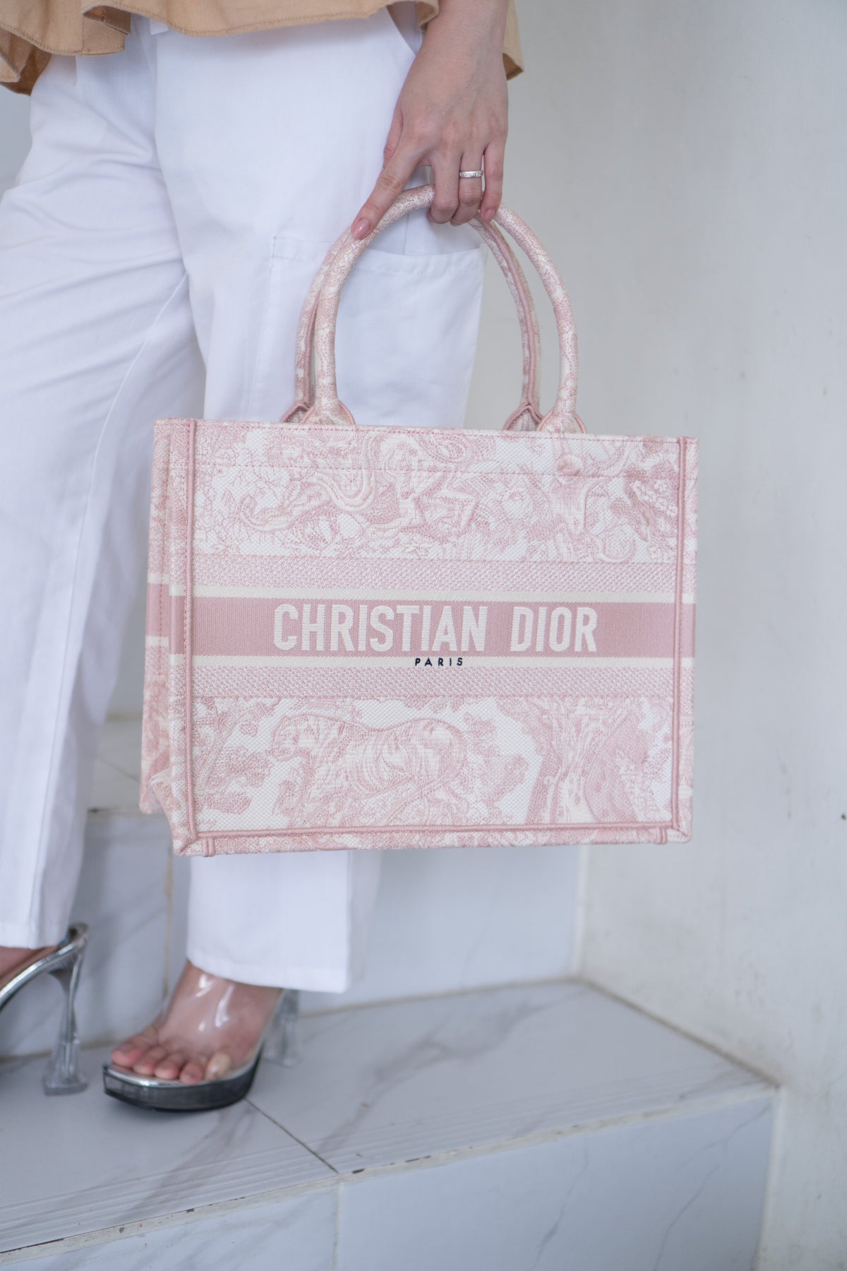 Medium Book Tote – Pink Toile de Jouy Embroidery
