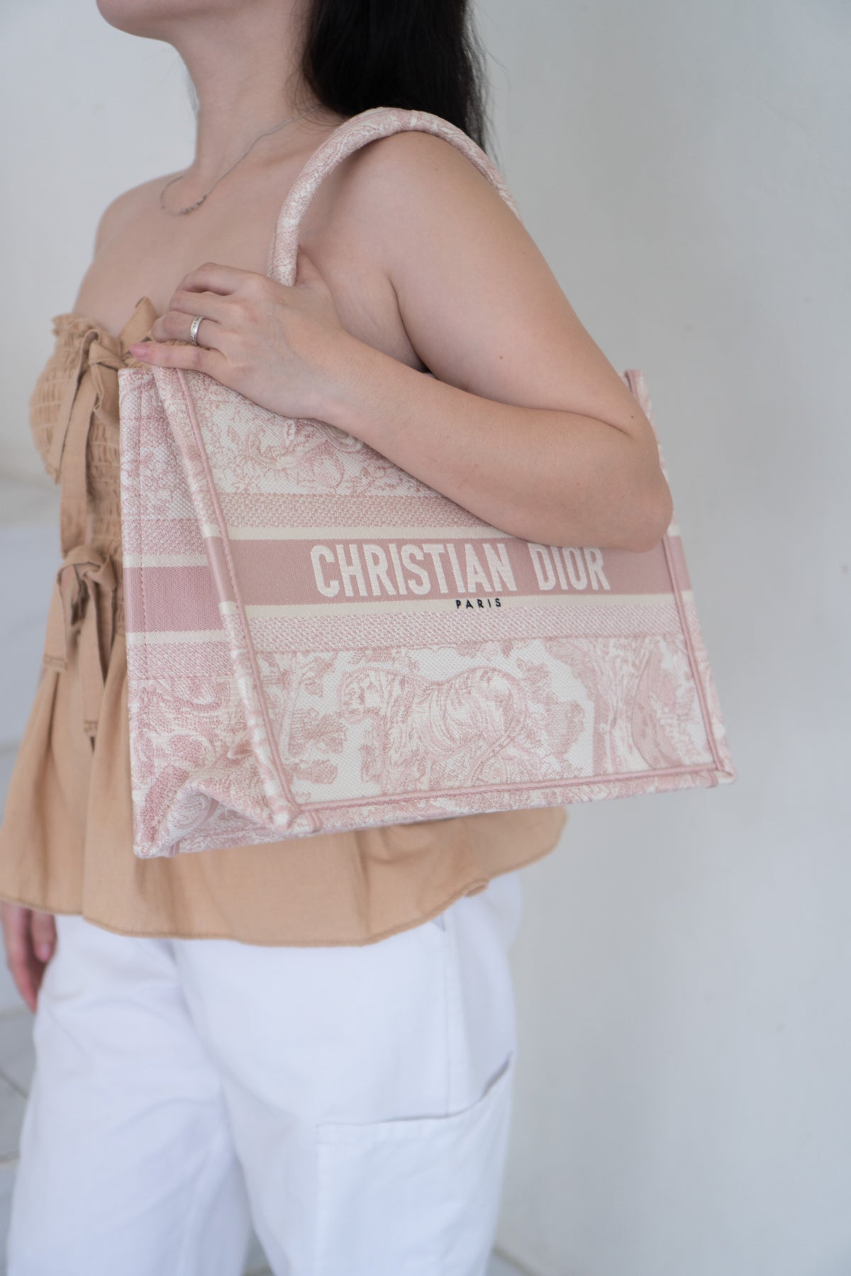 Medium Book Tote – Pink Toile de Jouy Embroidery