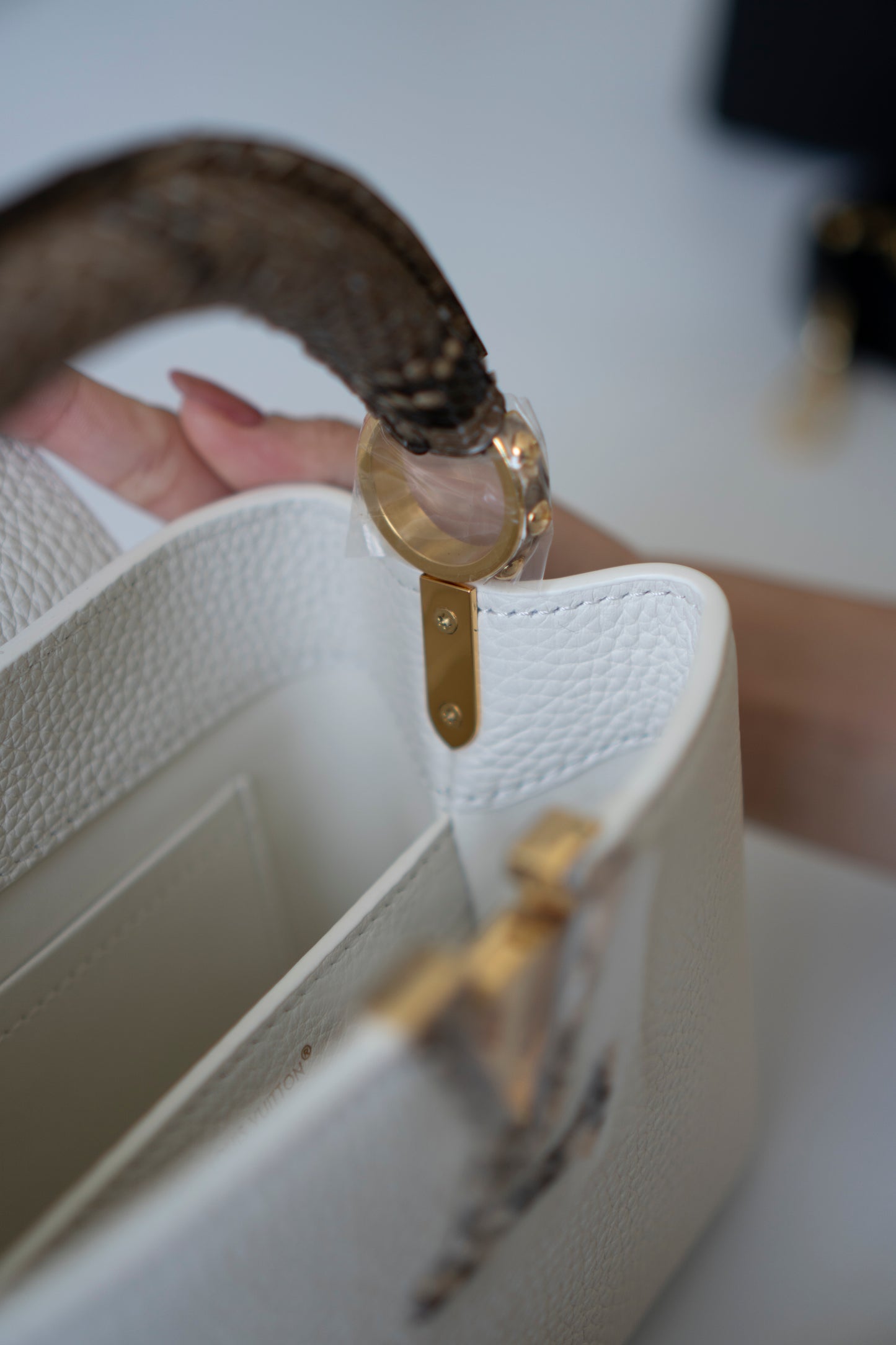 Capucines Mini – White Taurillon with Snakeskin Handle