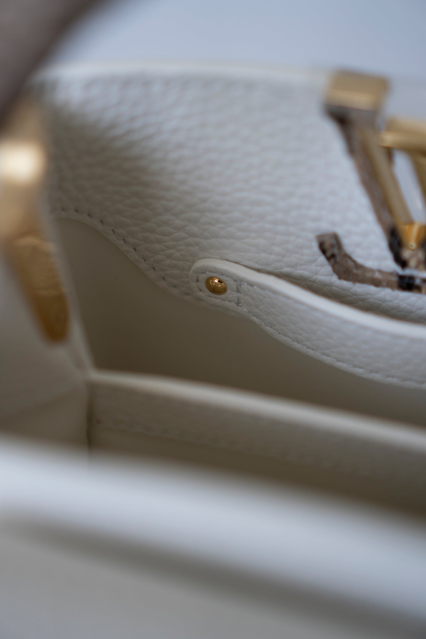 Capucines Mini – White Taurillon with Snakeskin Handle