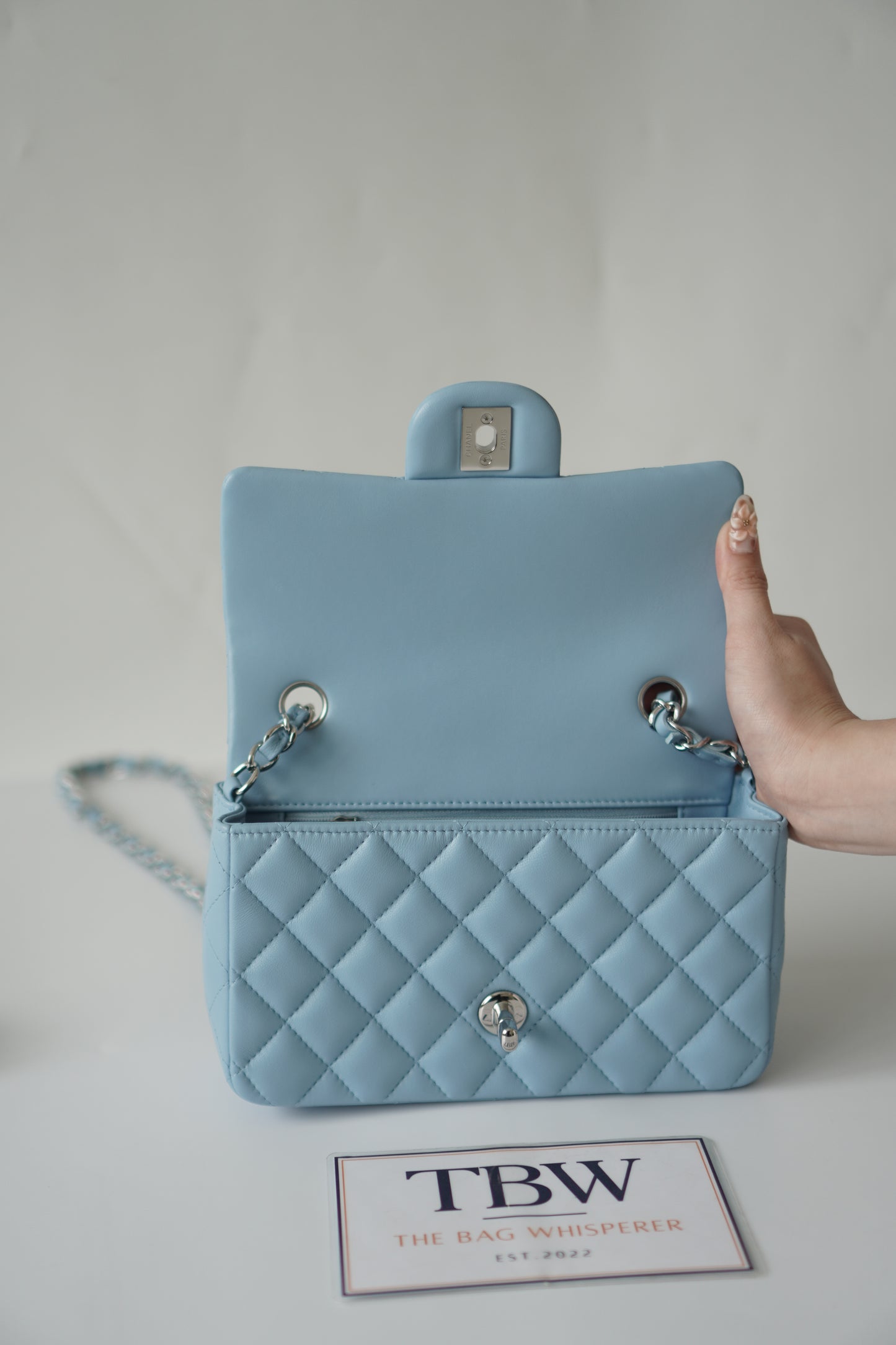 Classic Mini Rectangle Flap – Light Blue Lambskin with Silver Hardware