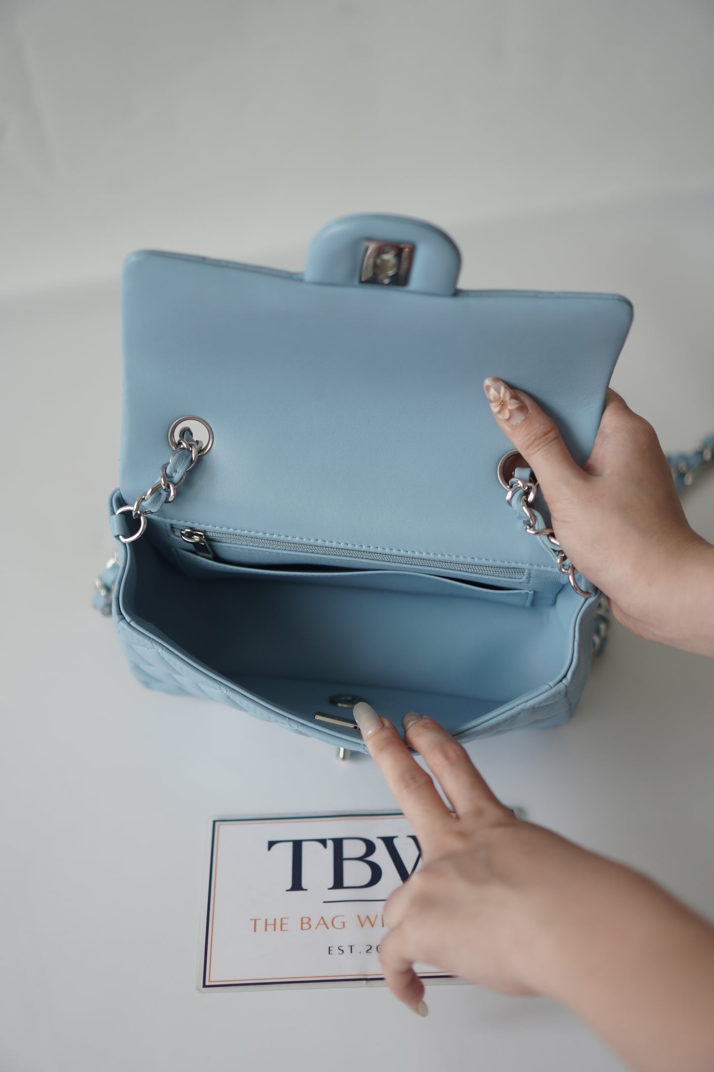 Classic Mini Rectangle Flap – Light Blue Lambskin with Silver Hardware