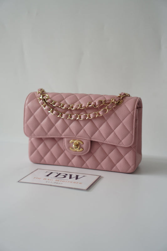 Classic Flap Small – Pink Caviar with Gold Hardware