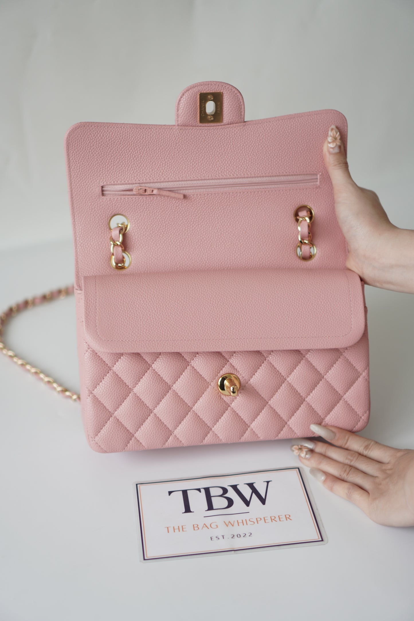Classic Flap Small – Pink Caviar with Gold Hardware