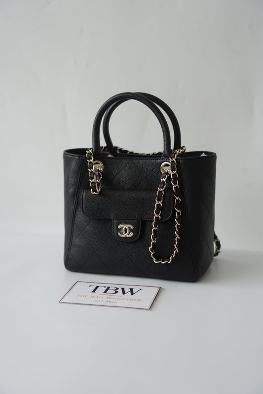 26P Small Shopping Tote – Black Grained Calfskin with Gold Hardware