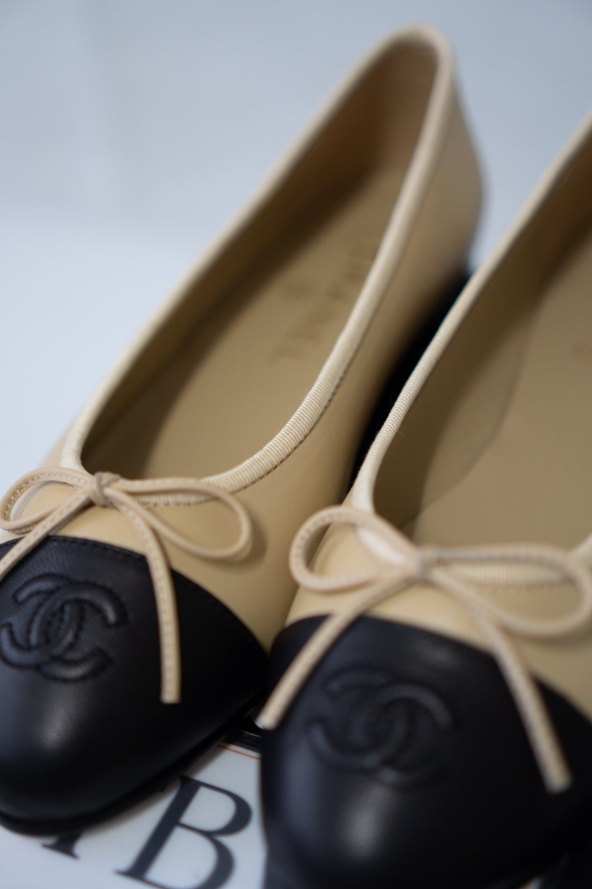 Two-Tone Ballerina Flats – Beige & Black Lambskin