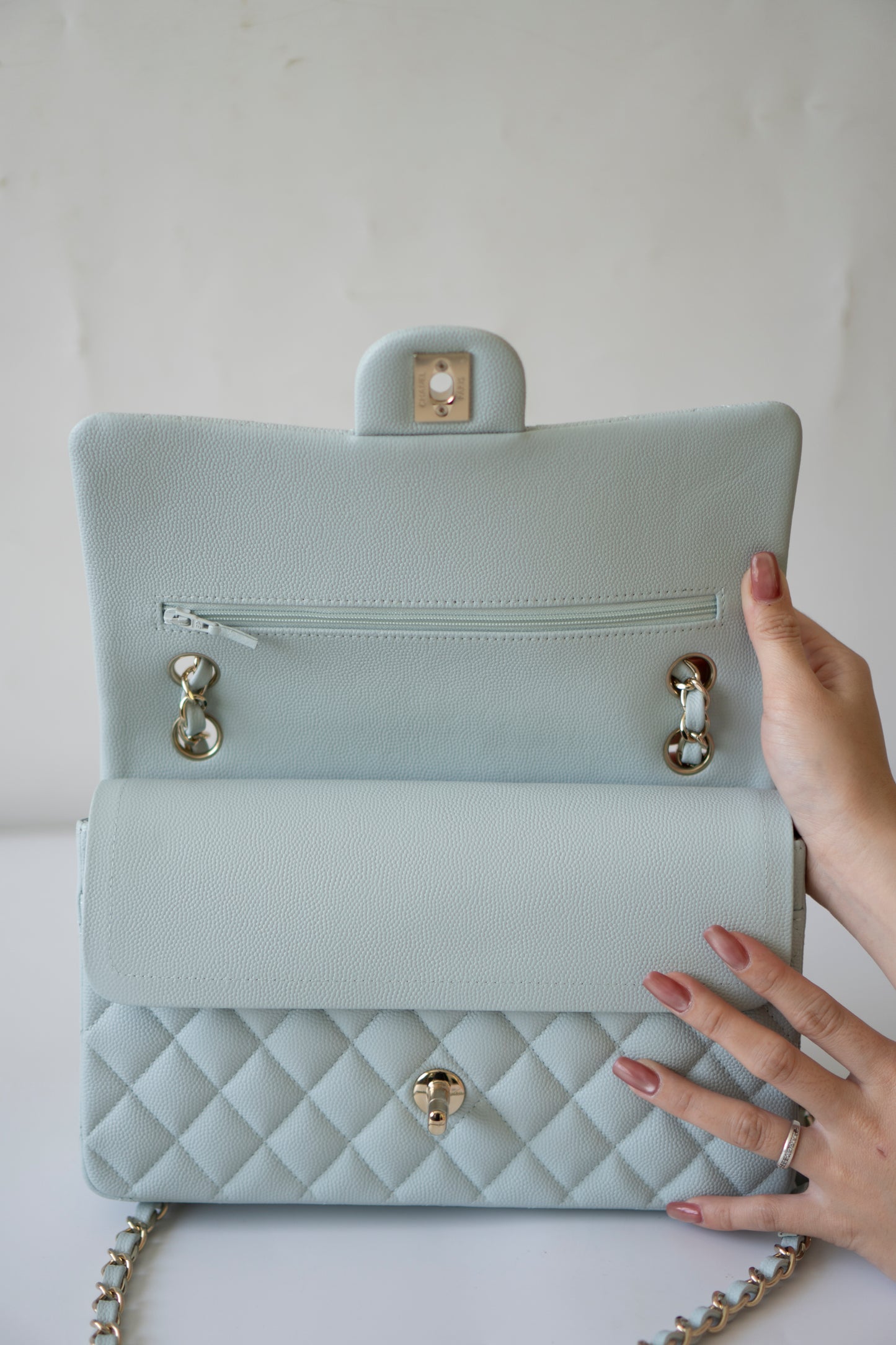 Classic Flap Medium – Pastel Light Blue Caviar with Light Gold Hardware