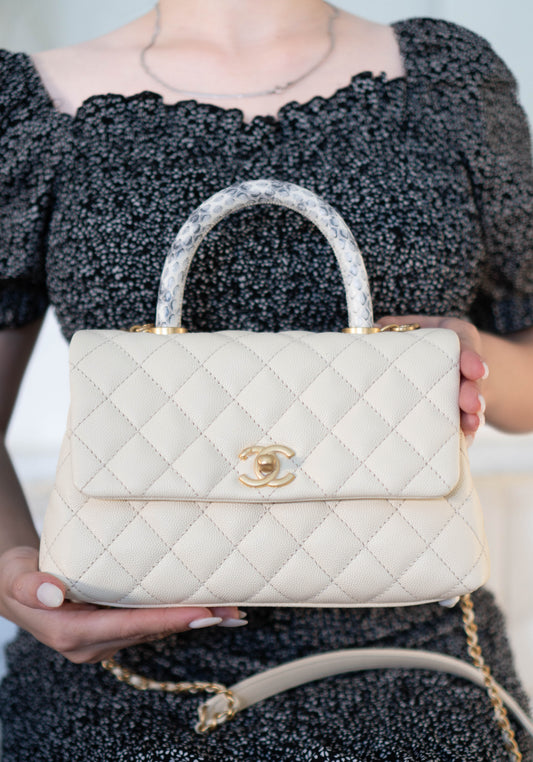 Small Coco Handle in Pearl Caviar Leather & Elaphe Snake Skin with Gold Hardware
