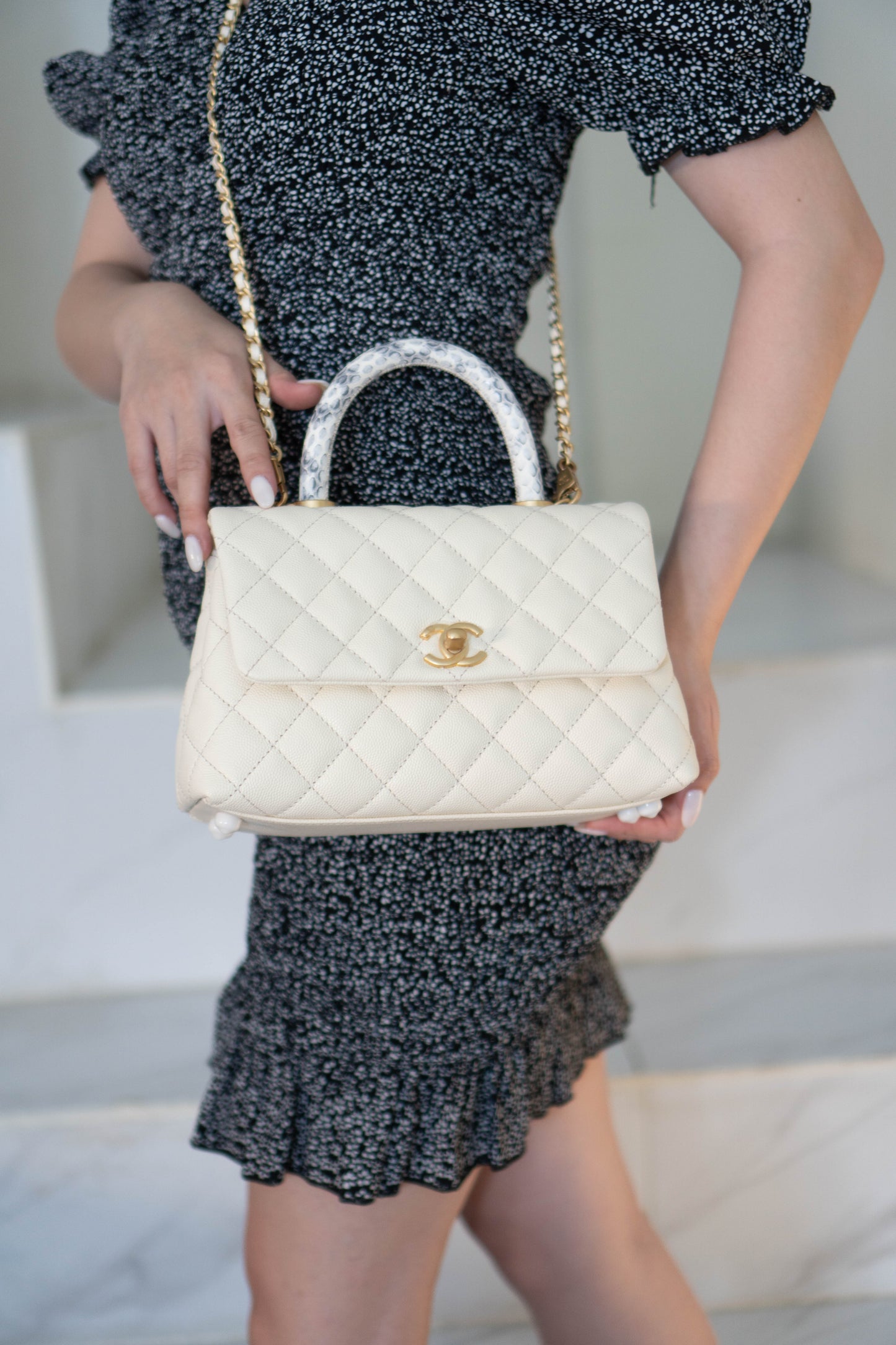 Coco Handle in Ivory or Cream Caviar Leather