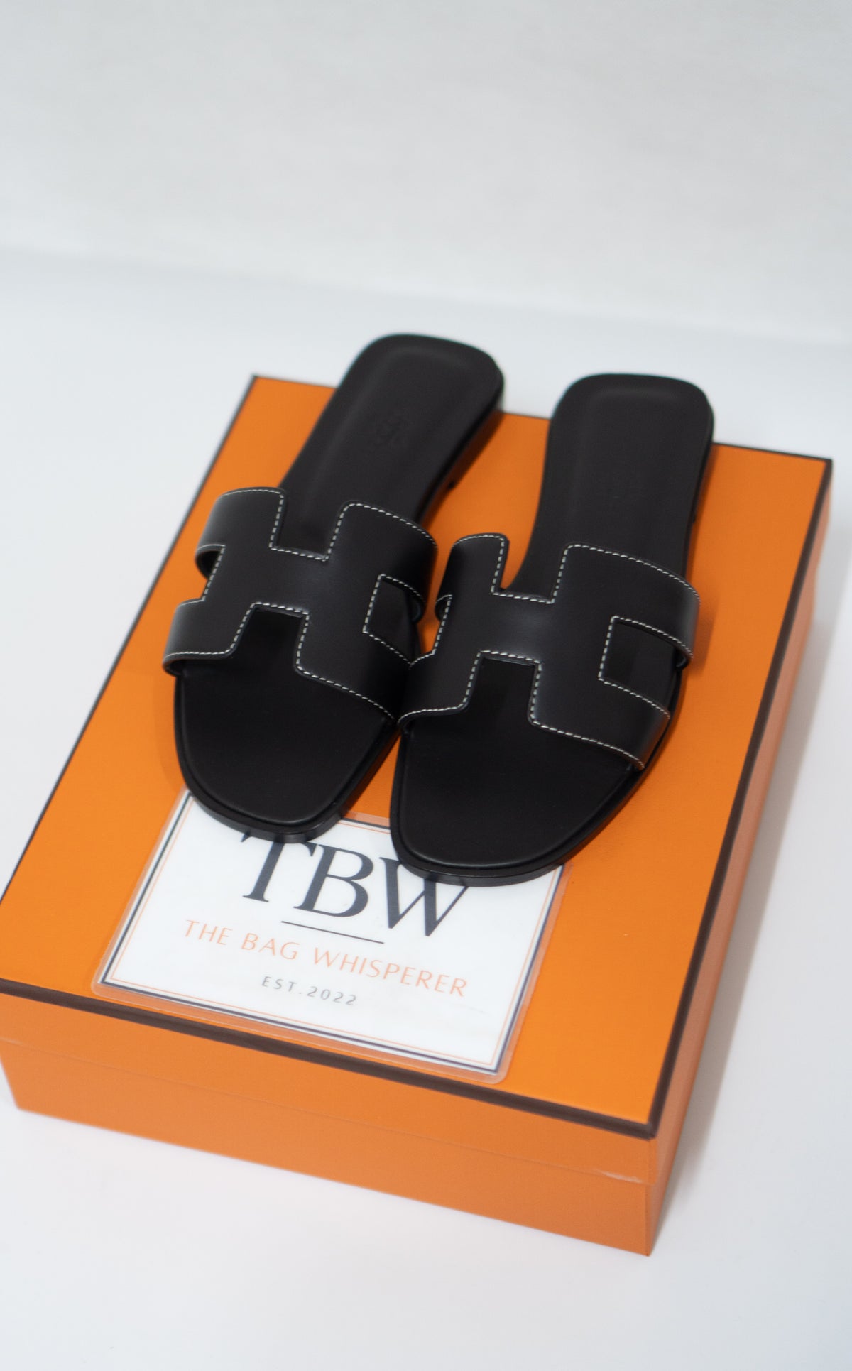 Cutout Flat Slide Sandals – Black Leather with White Contrast Stitching
