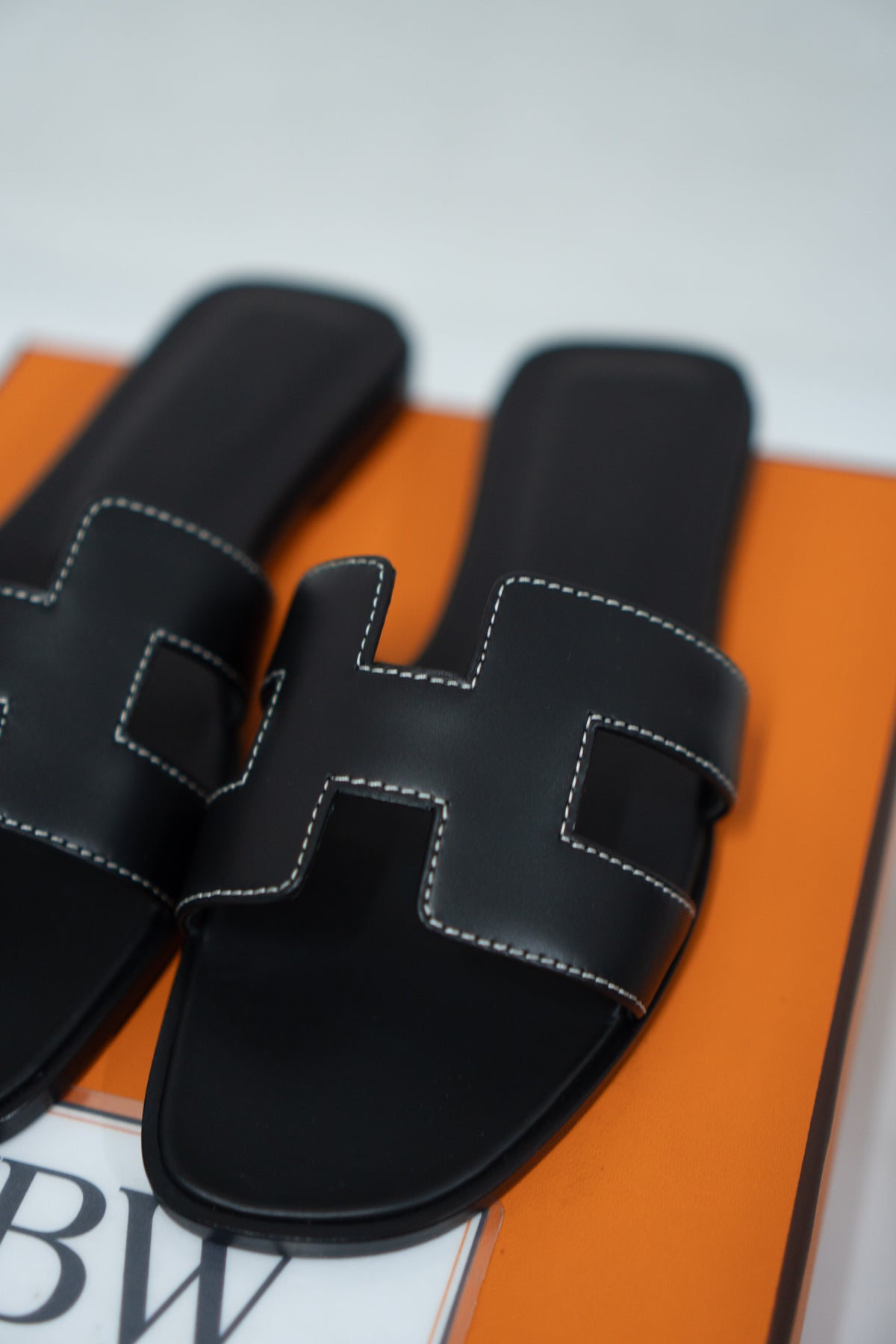 Cutout Flat Slide Sandals – Black Leather with White Contrast Stitching