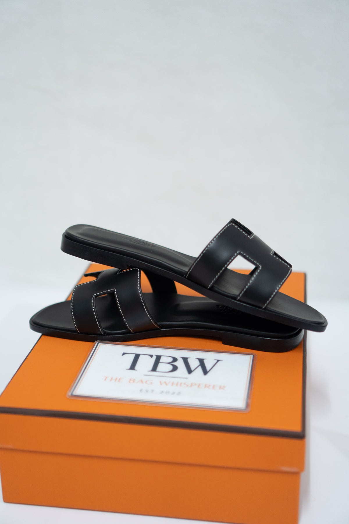 Cutout Flat Slide Sandals – Black Leather with White Contrast Stitching