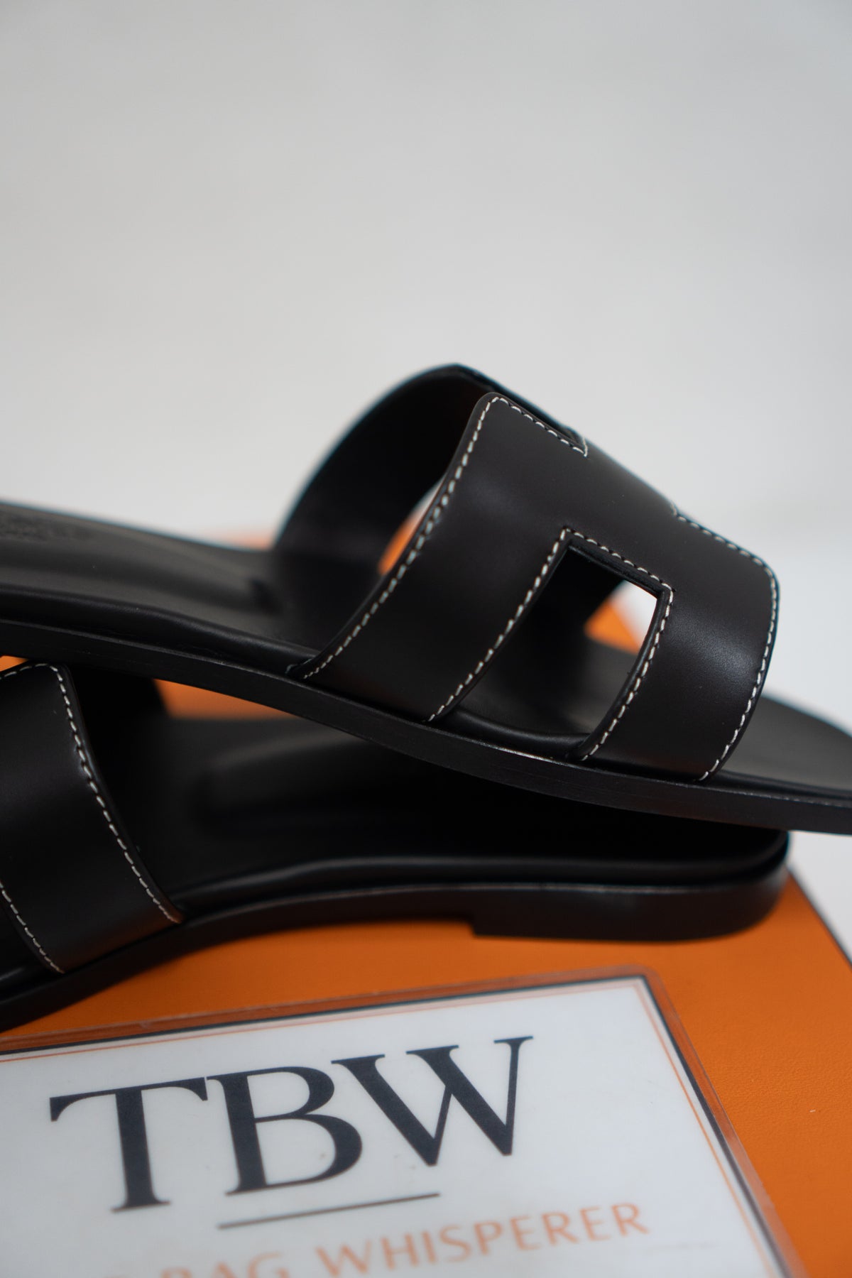 Cutout Flat Slide Sandals – Black Leather with White Contrast Stitching