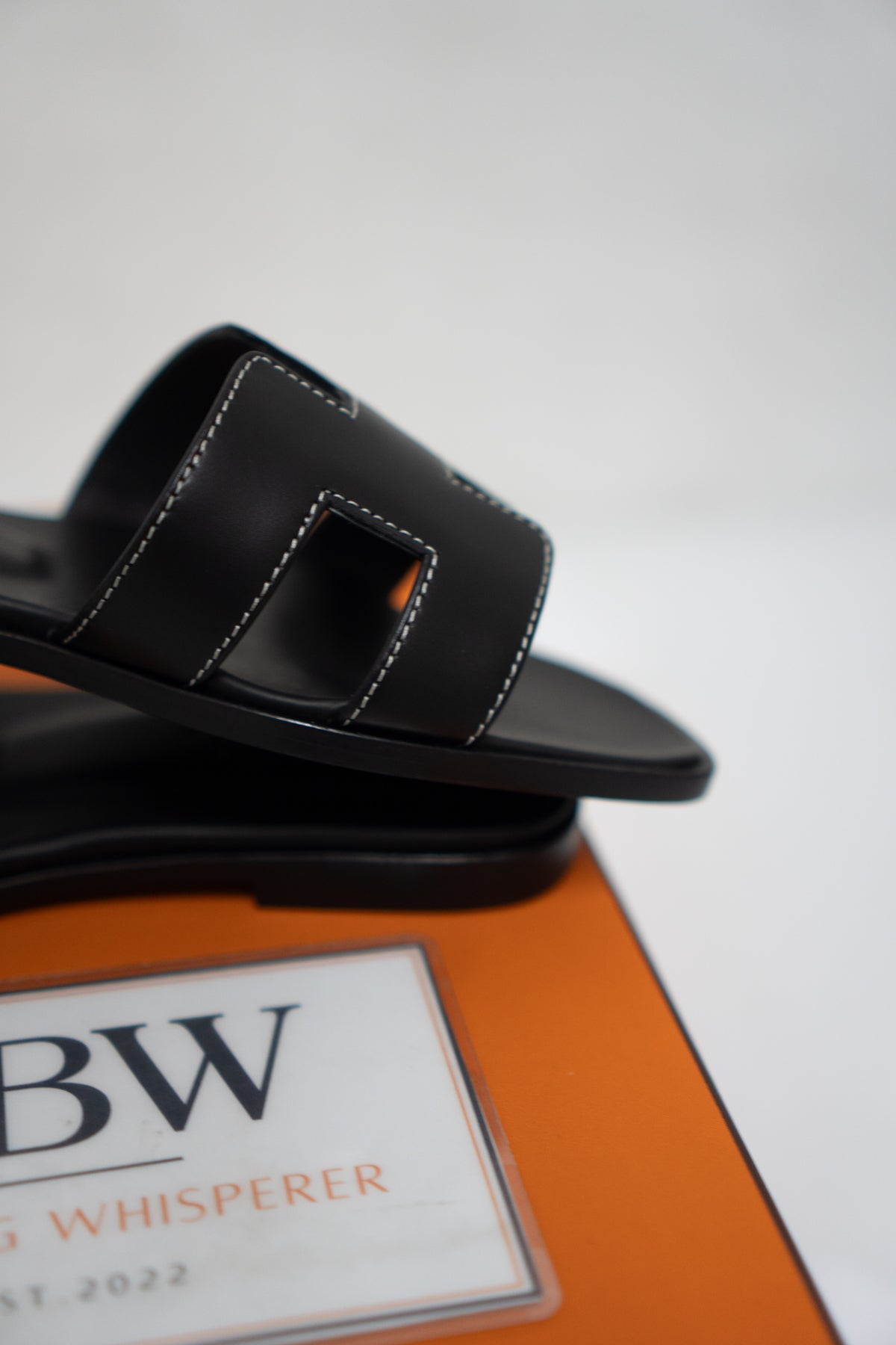 Cutout Flat Slide Sandals – Black Leather with White Contrast Stitching