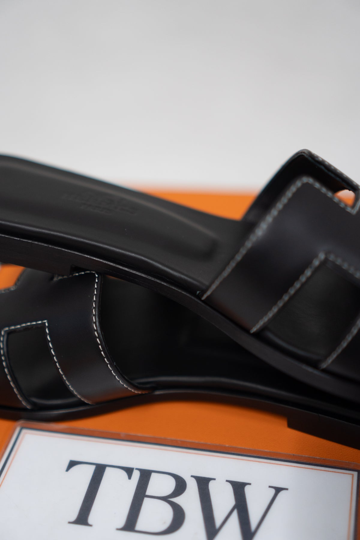 Cutout Flat Slide Sandals – Black Leather with White Contrast Stitching