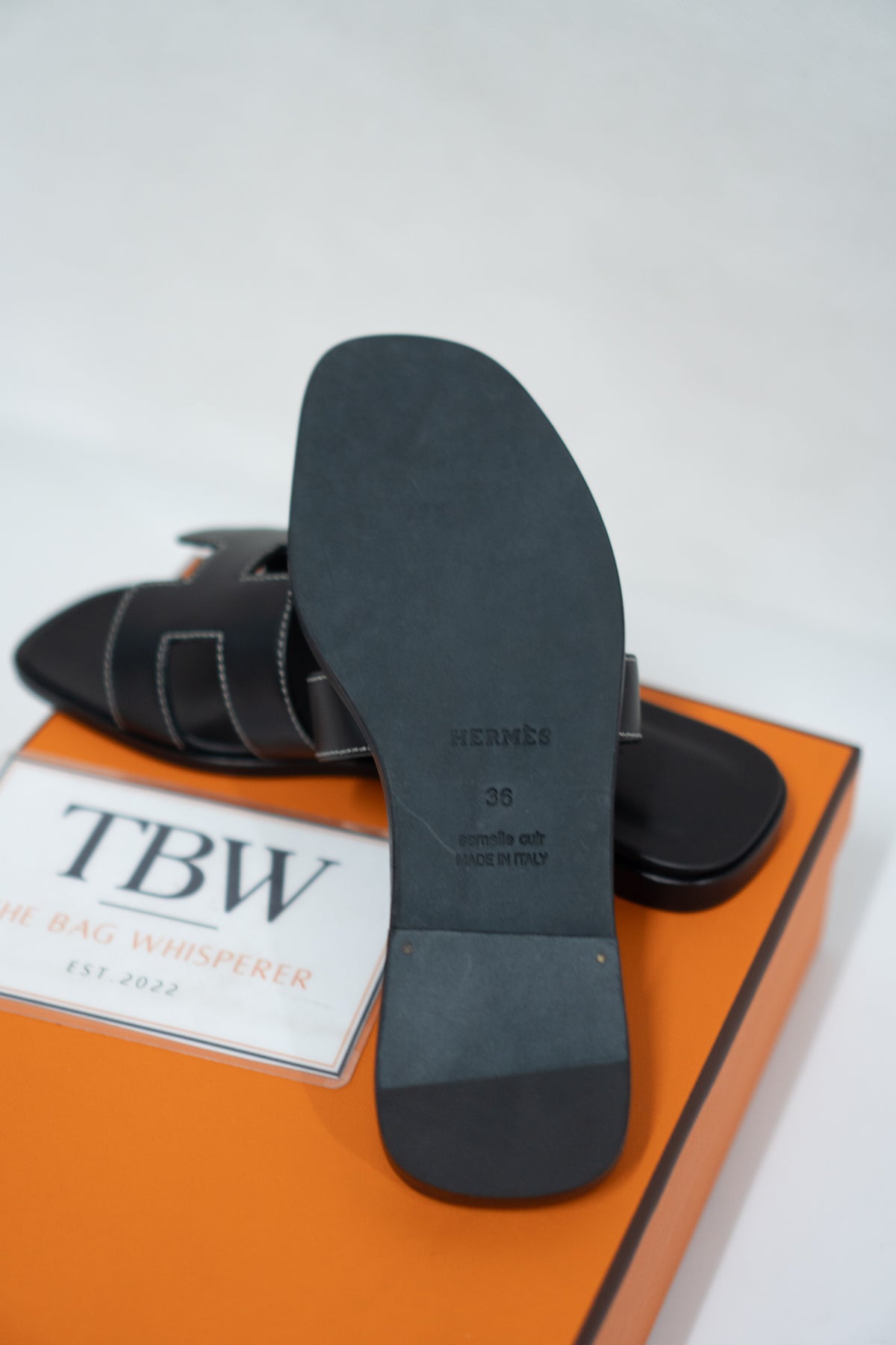 Cutout Flat Slide Sandals – Black Leather with White Contrast Stitching