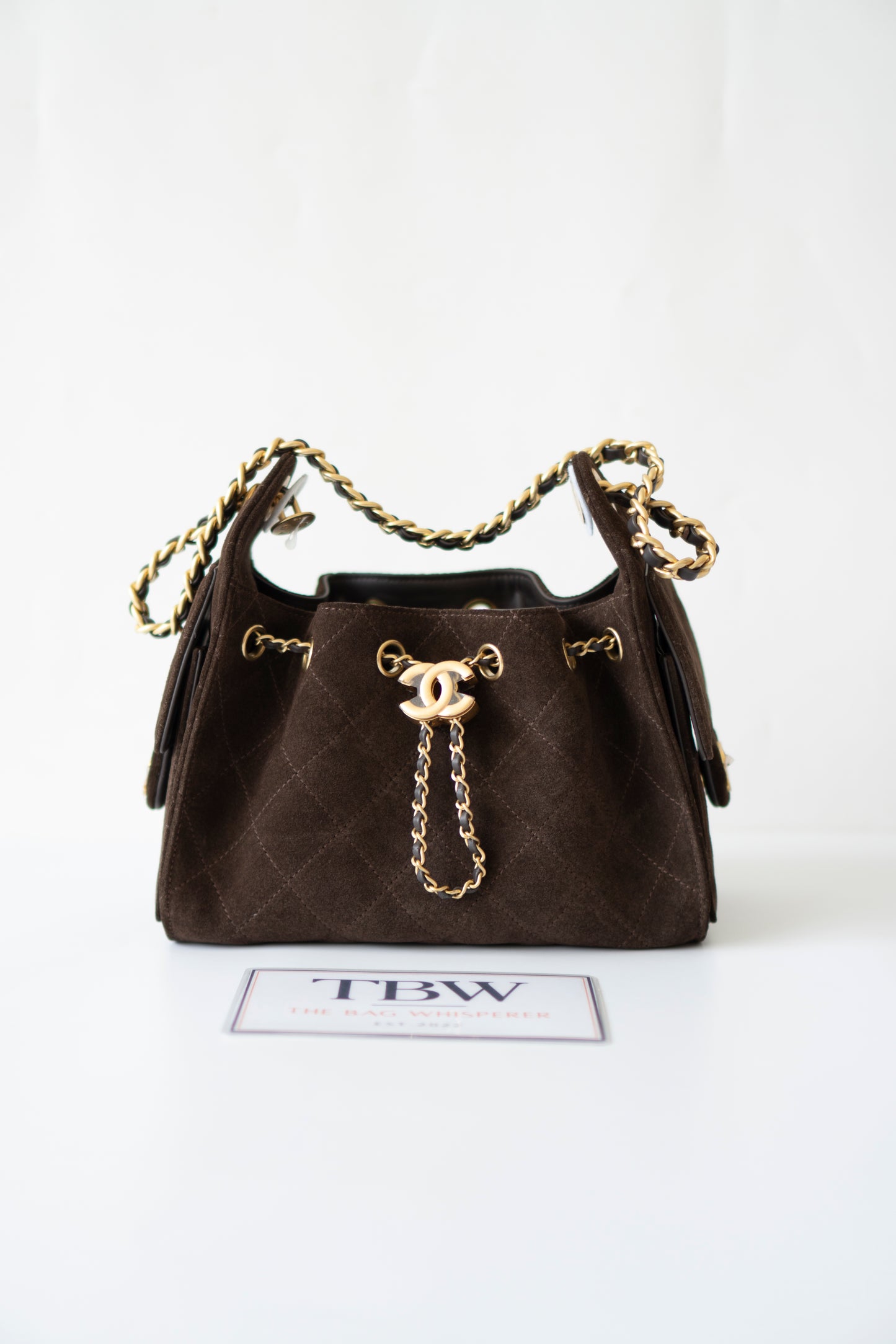 C25 Mini Drawstring Chain Bag – Dark Brown Suede with Gold Hardware