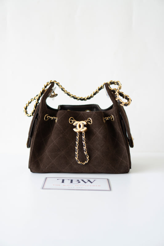 C25 Mini Drawstring Chain Bag – Dark Brown Suede with Gold Hardware