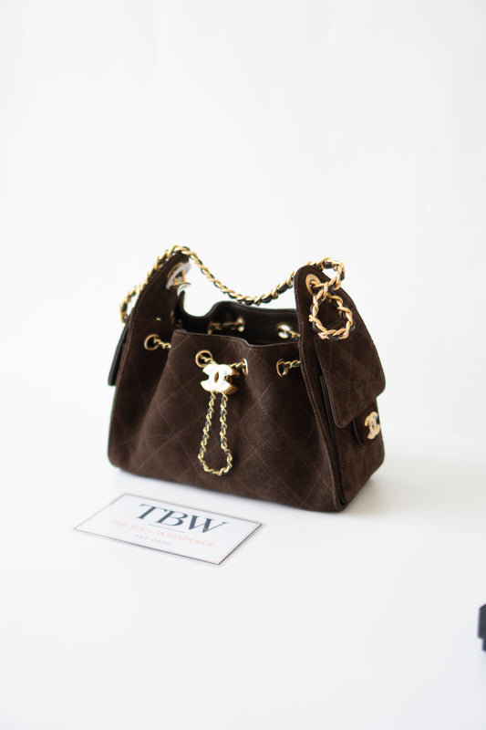 C25 Mini Drawstring Chain Bag – Dark Brown Suede with Gold Hardware
