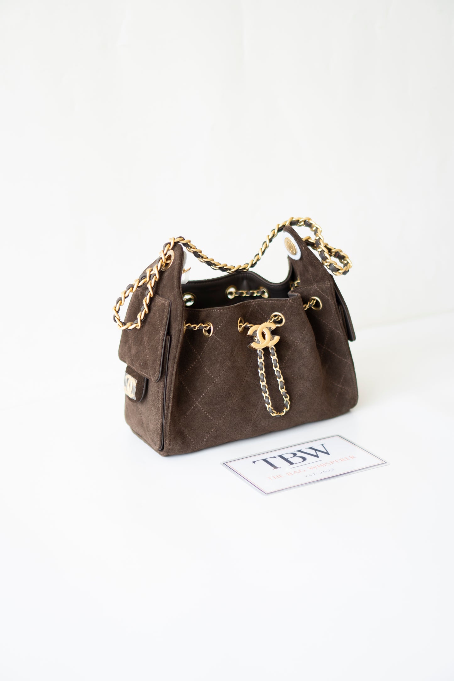 C25 Mini Drawstring Chain Bag – Dark Brown Suede with Gold Hardware