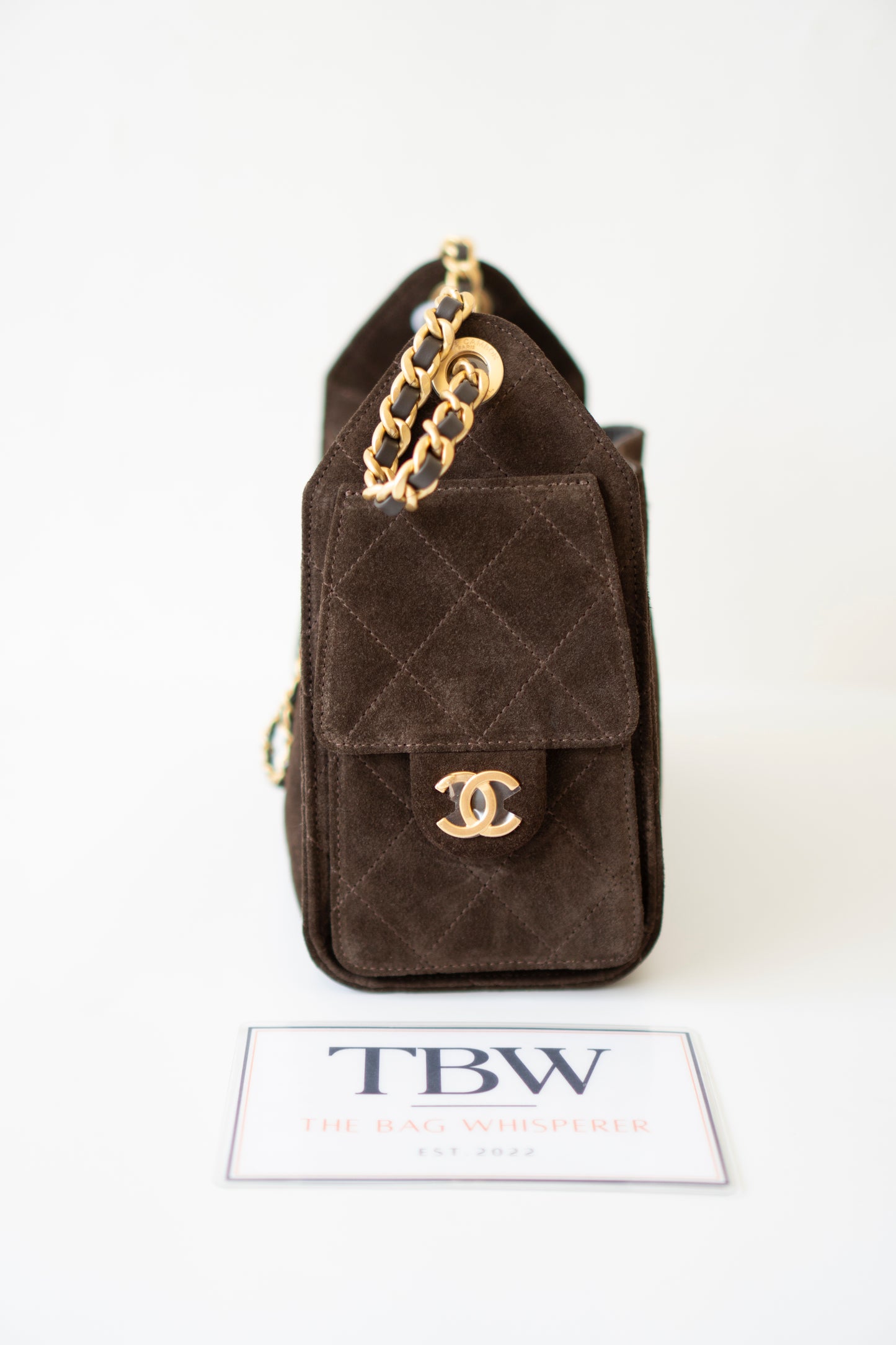 C25 Mini Drawstring Chain Bag – Dark Brown Suede with Gold Hardware