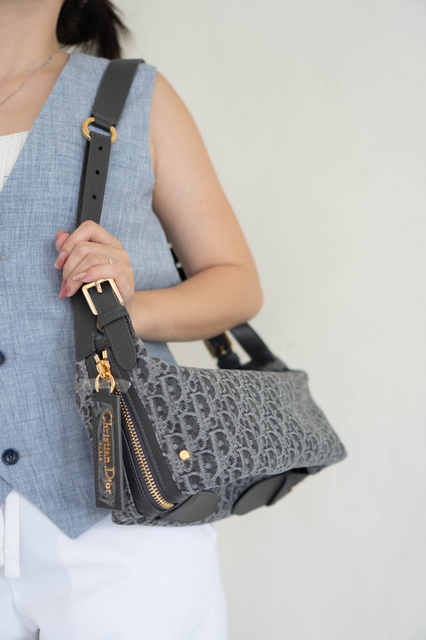 D-Journey Small Bag – Grey Oblique Denim with Gold Hardware