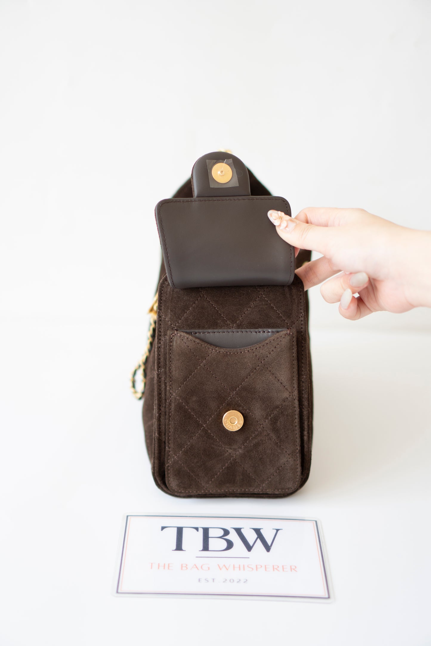 C25 Mini Drawstring Chain Bag – Dark Brown Suede with Gold Hardware