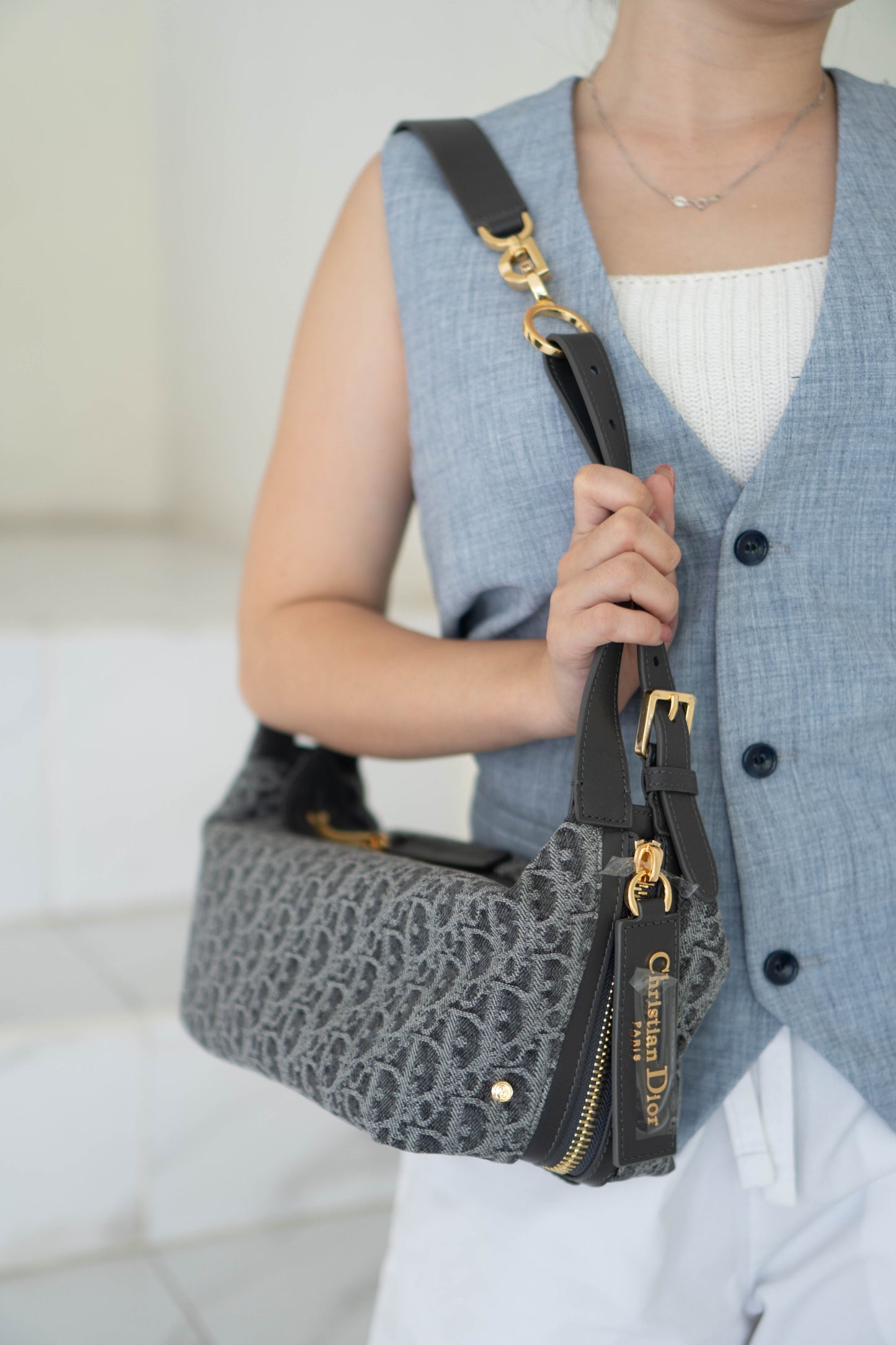 D-Journey Small Bag – Grey Oblique Denim with Gold Hardware
