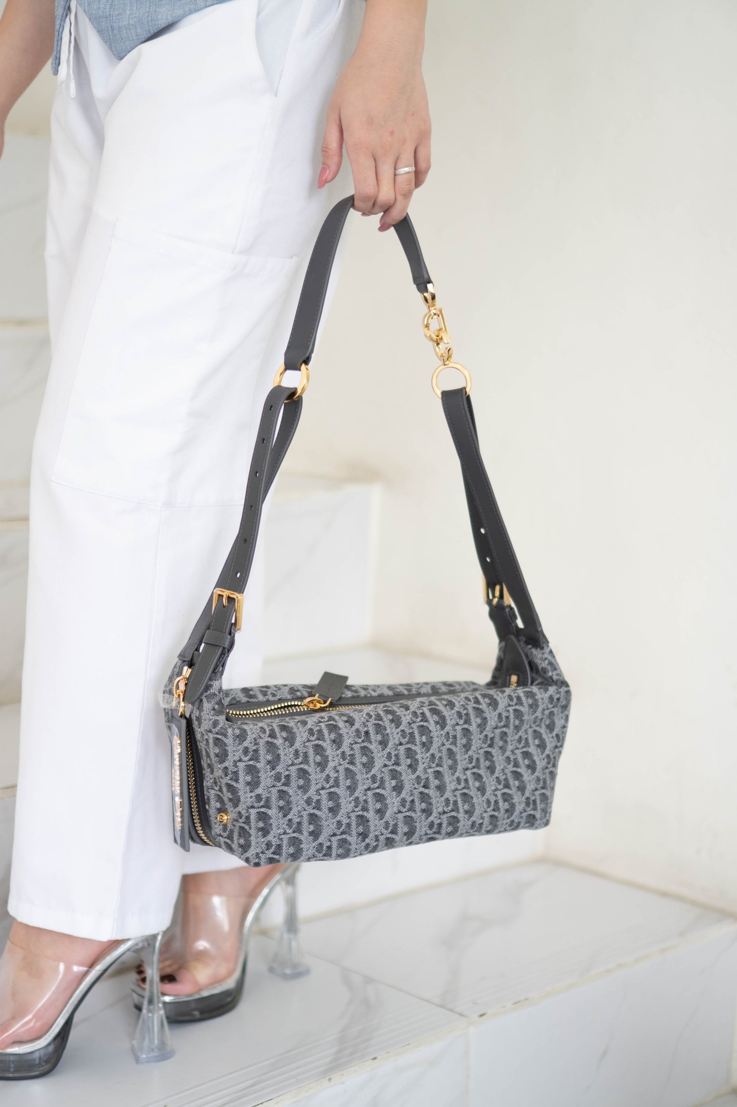 D-Journey Small Bag – Grey Oblique Denim with Gold Hardware