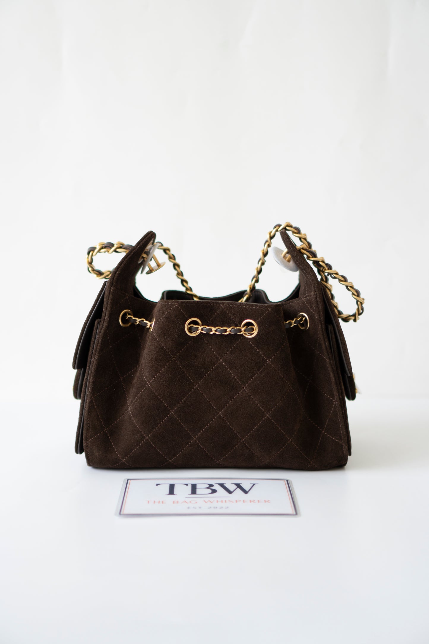 C25 Mini Drawstring Chain Bag – Dark Brown Suede with Gold Hardware