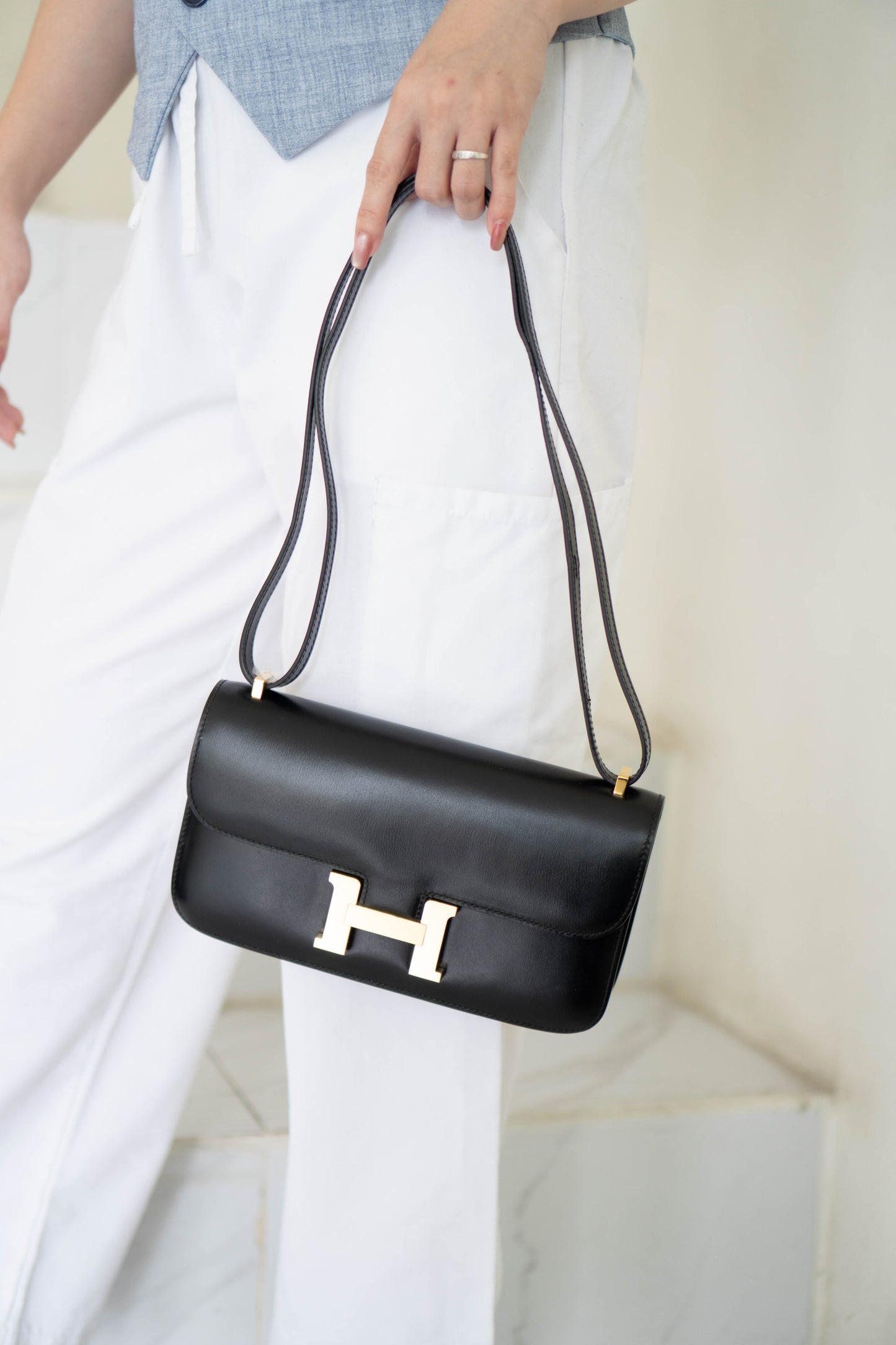 Constance Elan – Noir Box Leather with Gold Hardware