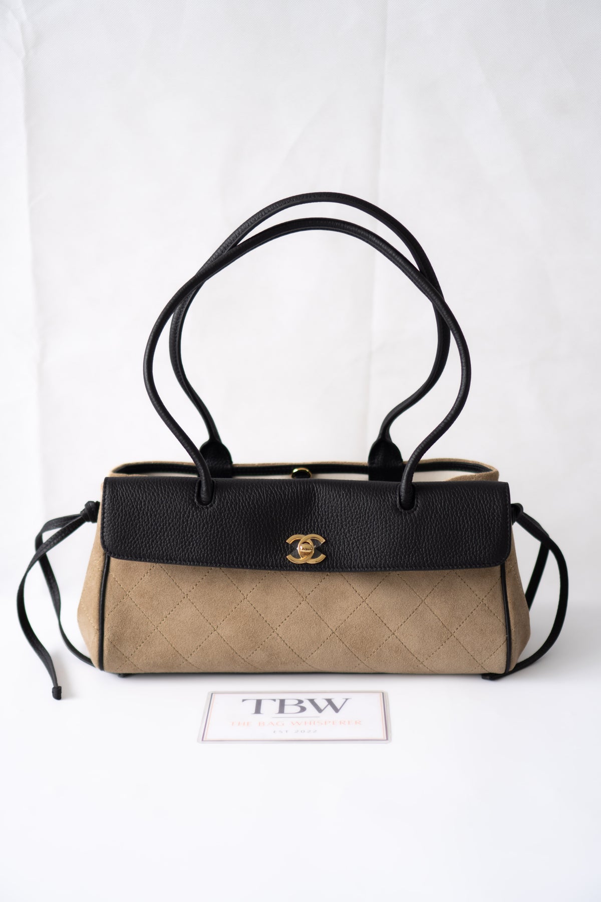 East-West Suede Flap Bag – Beige & Black Leather