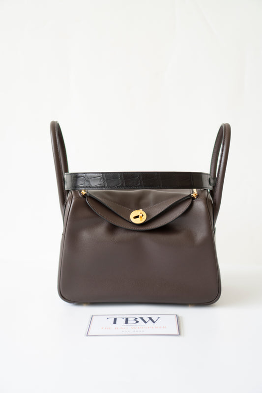 Lind 26 – Ebene Volupto Leather with Matte Croc Strap and Gold Hardware