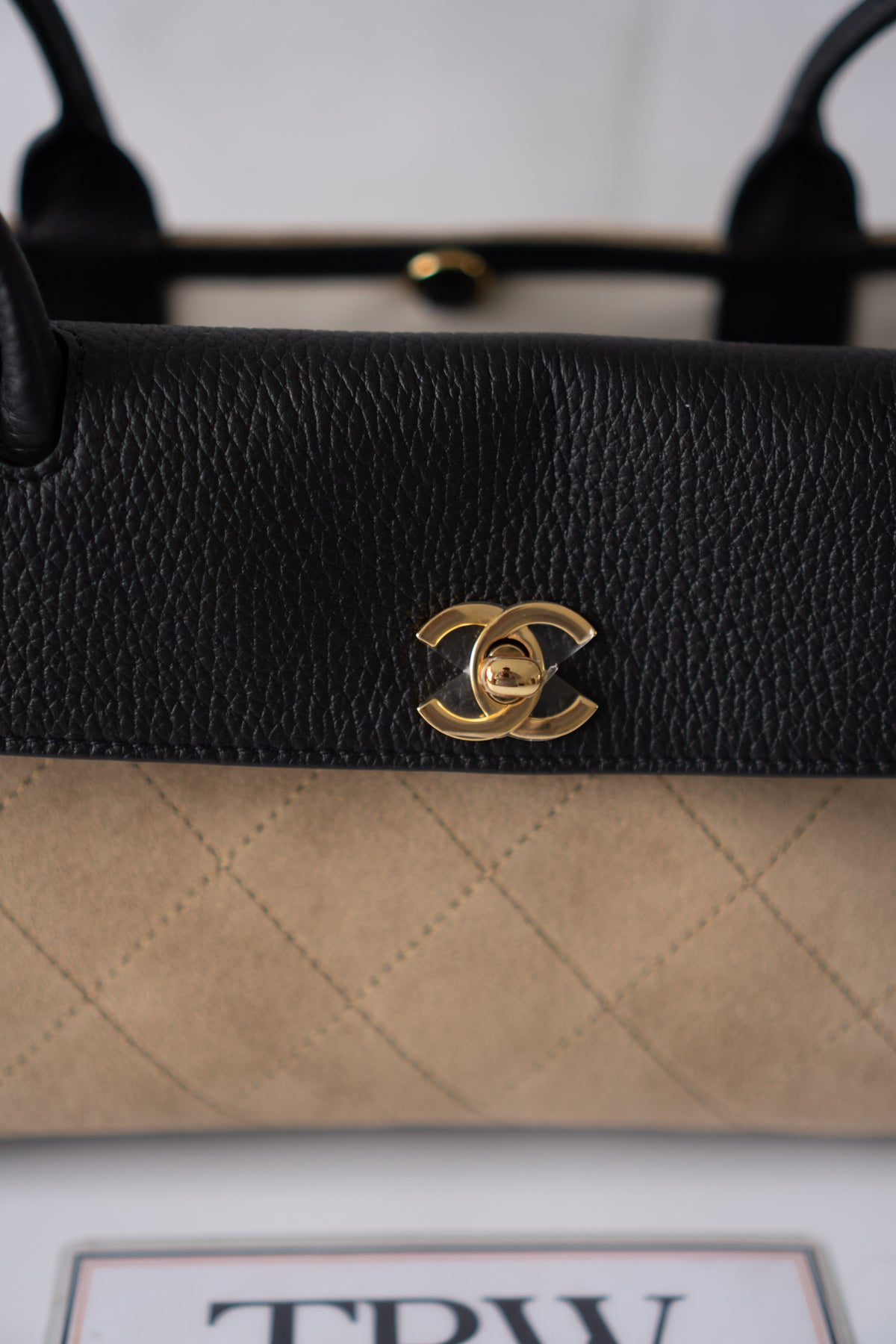 East-West Suede Flap Bag – Beige & Black Leather