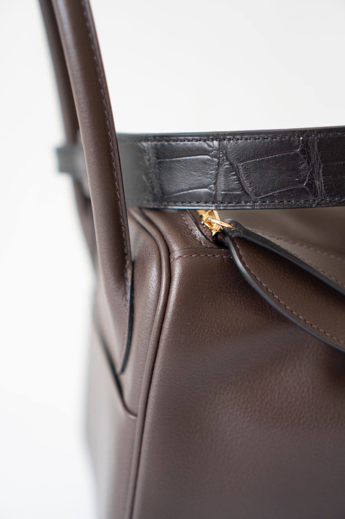 Lind 26 – Ebene Volupto Leather with Matte Croc Strap and Gold Hardware
