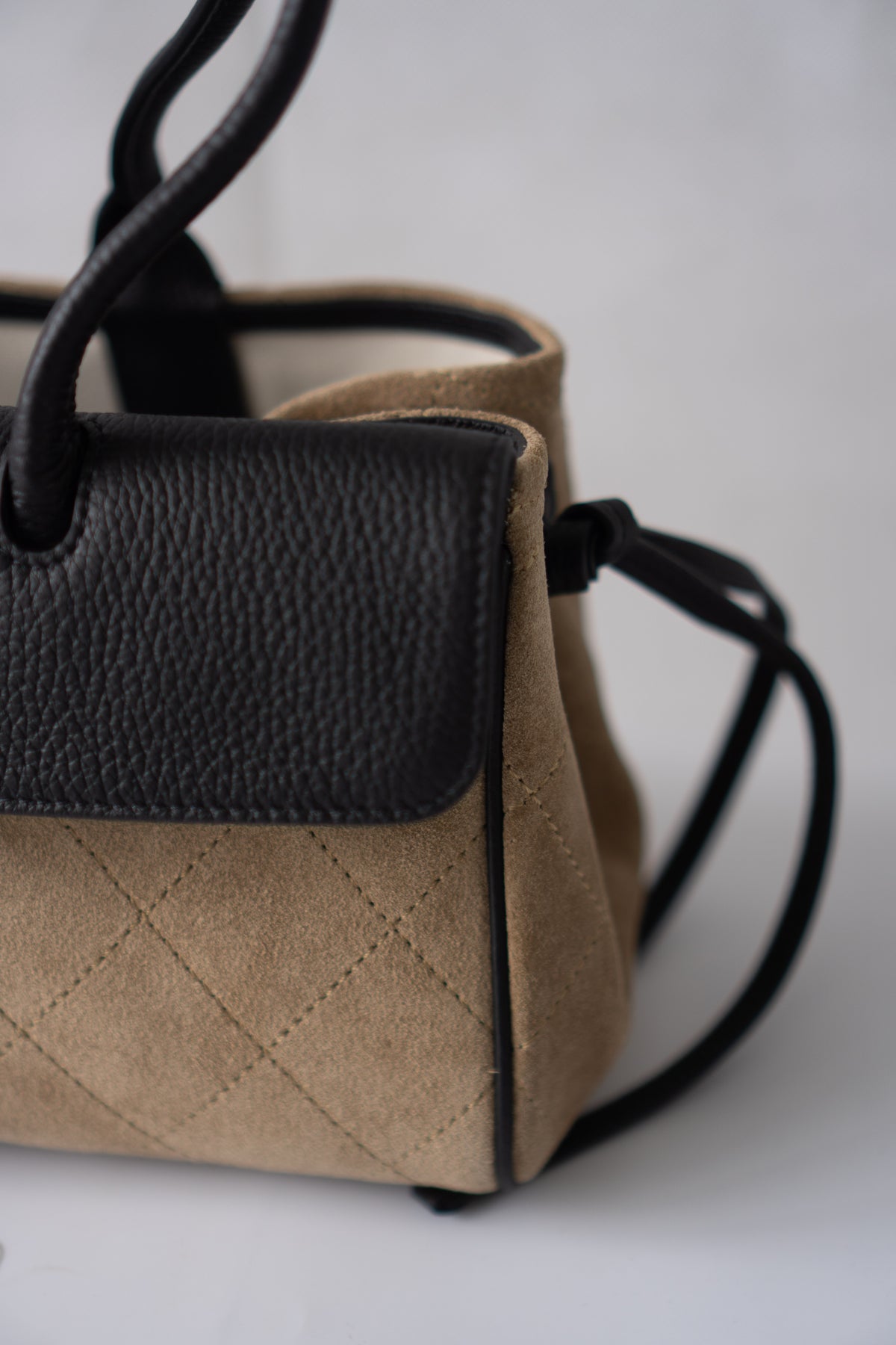 East-West Suede Flap Bag – Beige & Black Leather