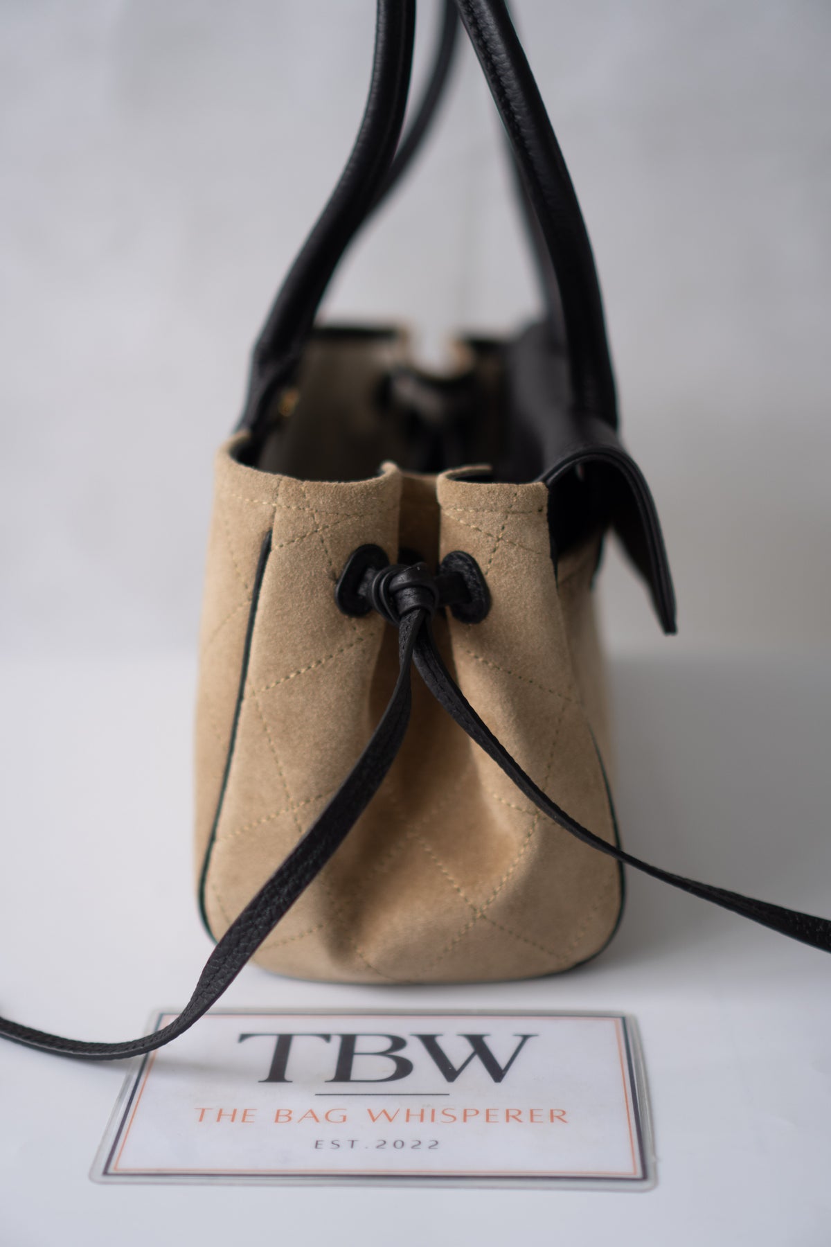 East-West Suede Flap Bag – Beige & Black Leather