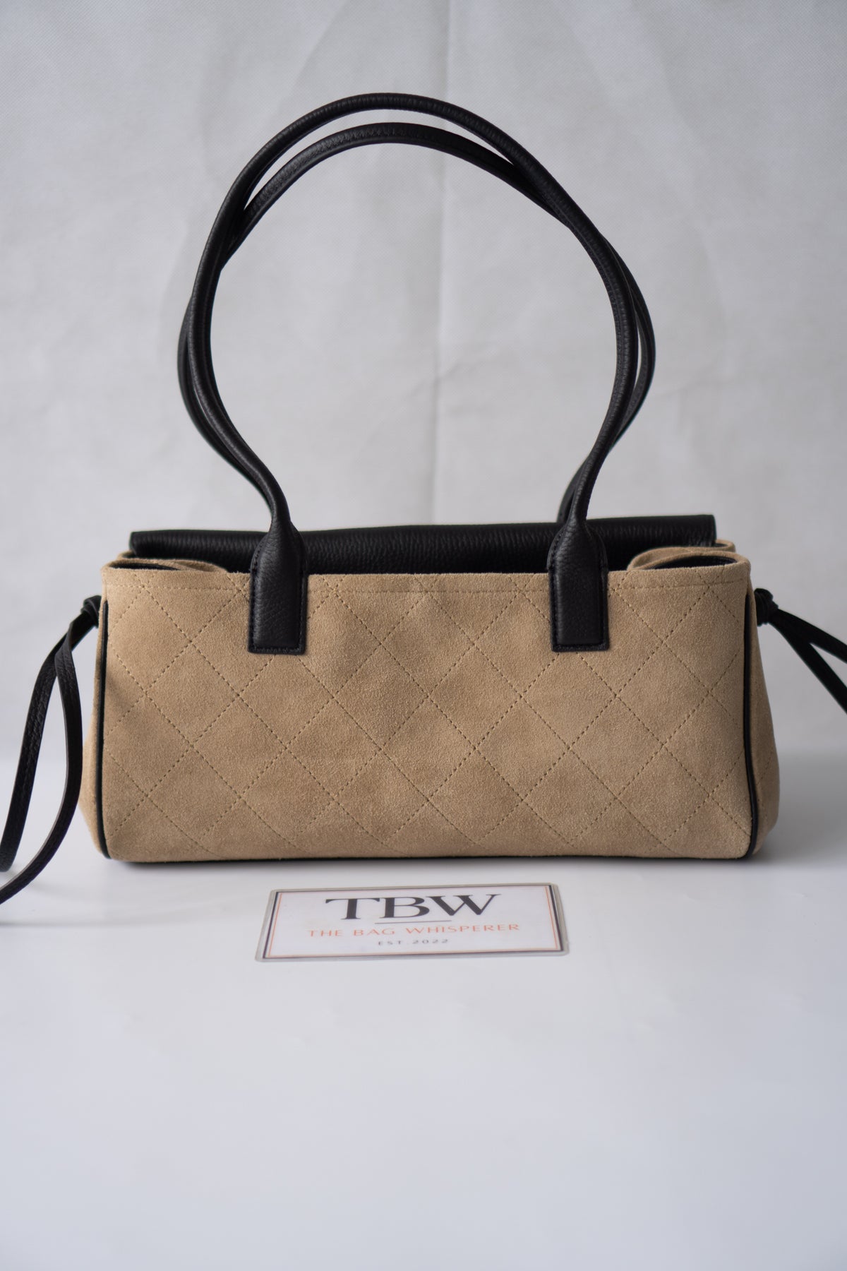 East-West Suede Flap Bag – Beige & Black Leather