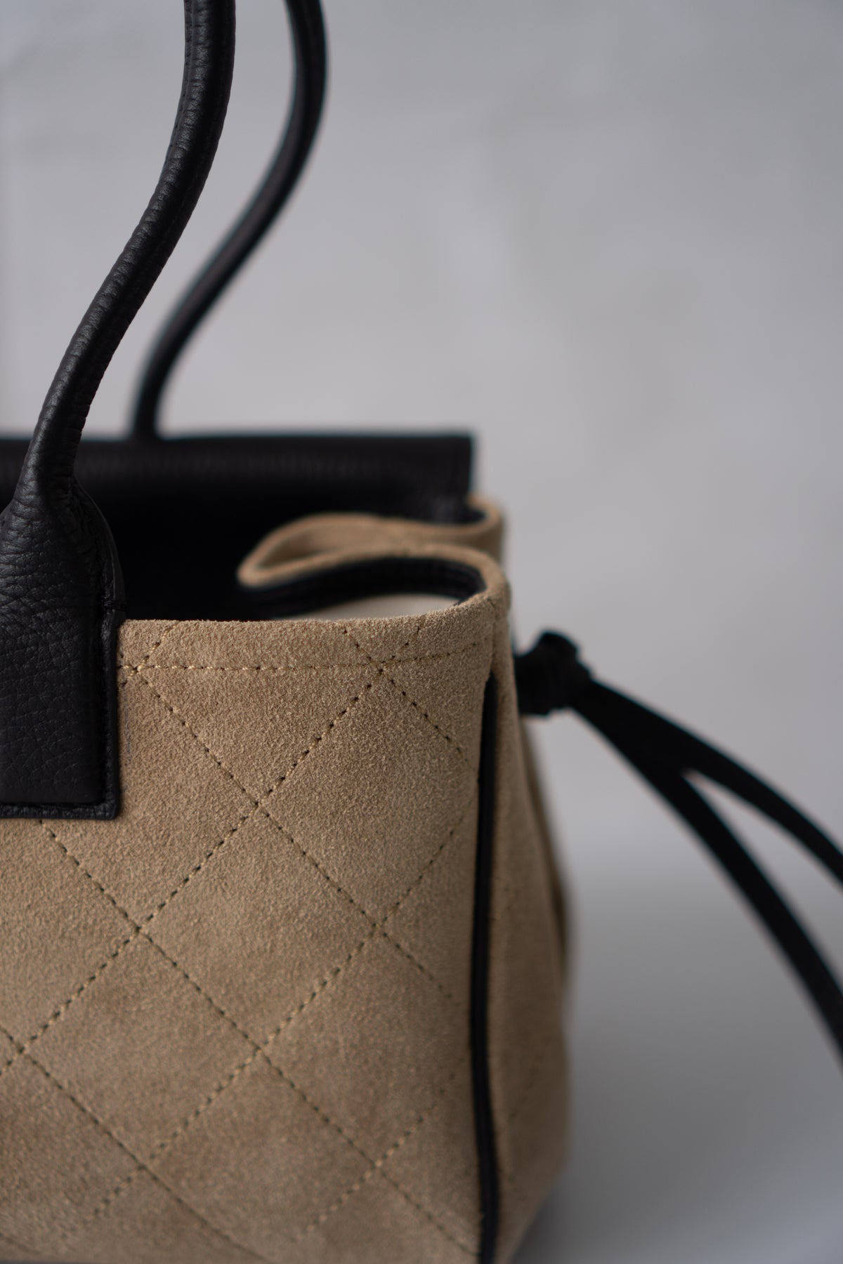 East-West Suede Flap Bag – Beige & Black Leather